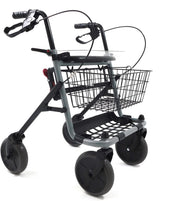 Ferrucci Comfort foldable rollator walker with brakes, seat, baskets, tray, adjustable height, and four wheels for indoor and outdoor use.
