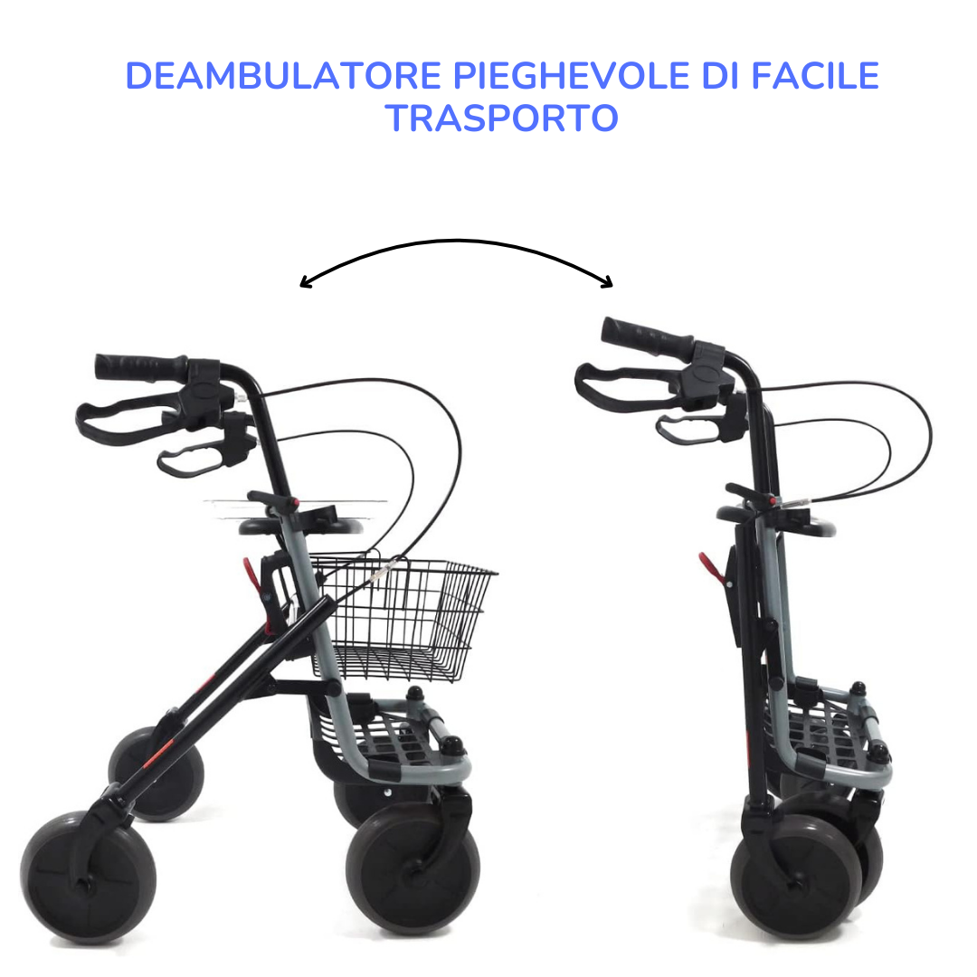 Ferrucci Comfort foldable rollator walker with brakes, seat, baskets, tray, adjustable height, and four wheels for indoor and outdoor use.