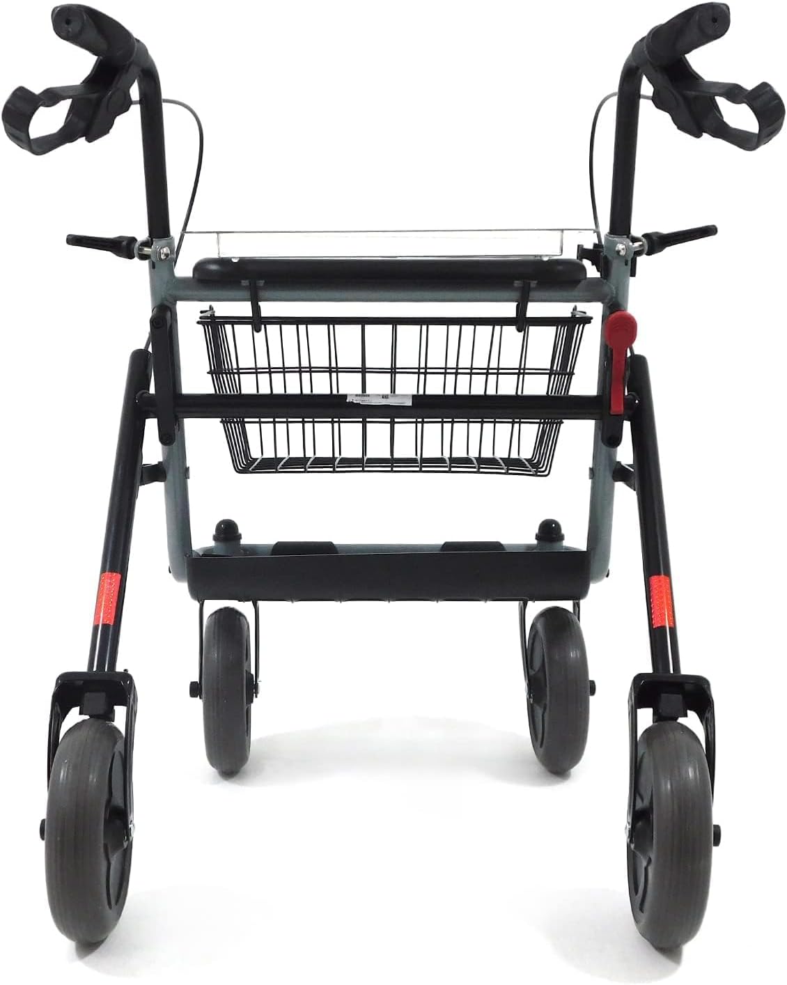 Foldable Ferrucci Comfort rollator walker with brakes, seat, baskets, tray, adjustable height, four wheels for indoor and outdoor use.