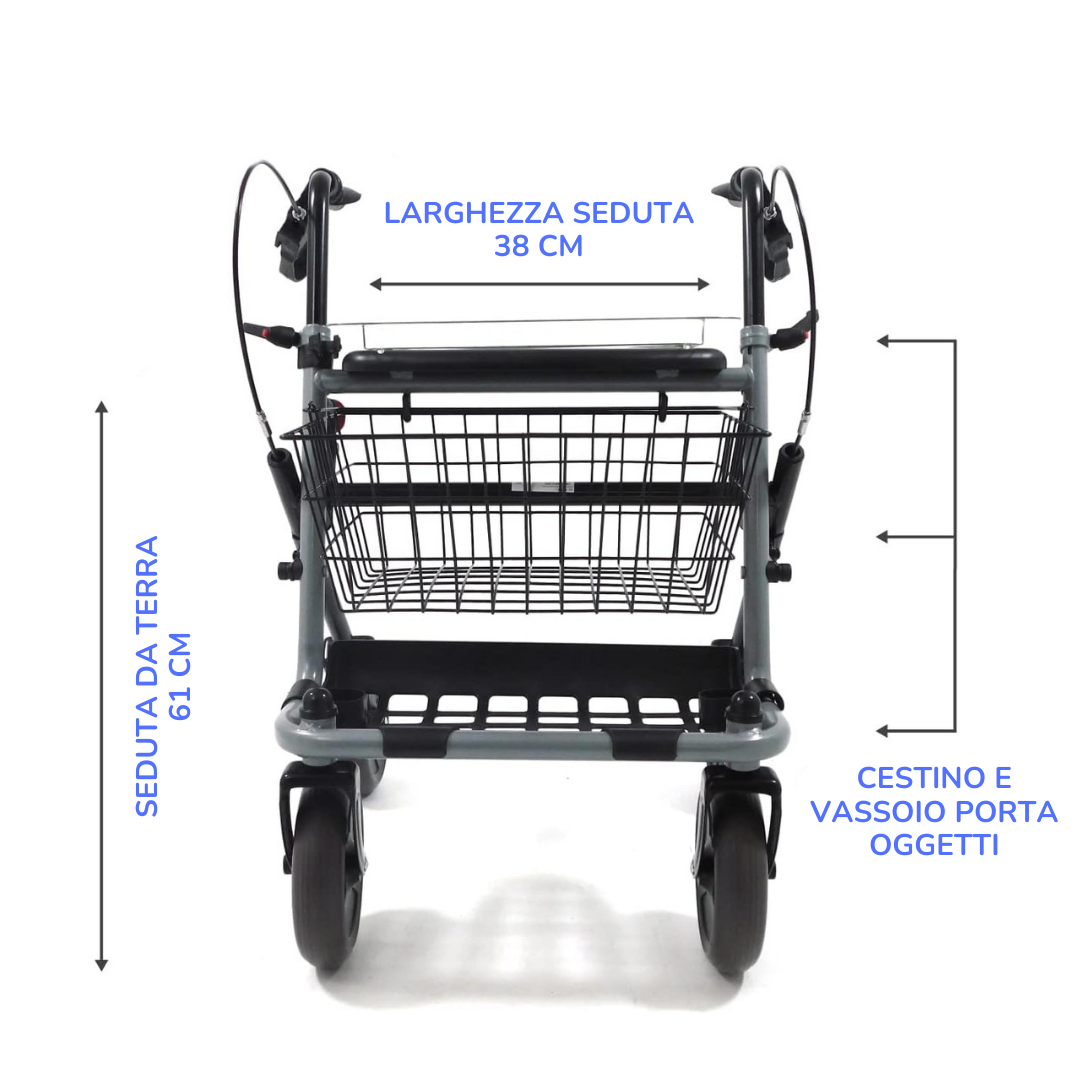 Foldable Ferrucci Comfort rollator walker with brakes, seat, baskets, tray, adjustable height, and four wheels for indoor and outdoor use.