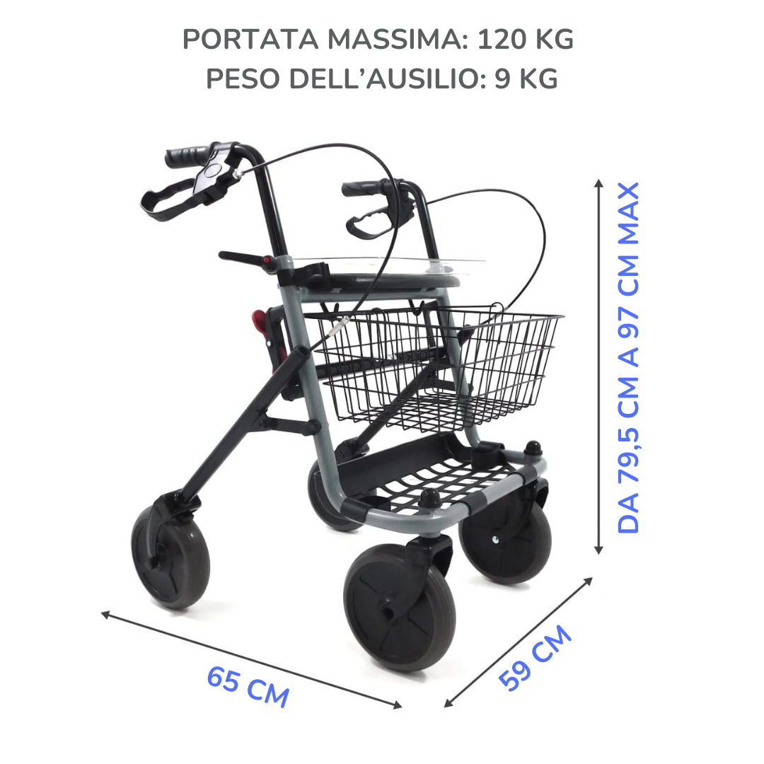 Ferrucci Comfort foldable rollator walker with brakes, seat, baskets, tray, adjustable height, four wheels for indoor and outdoor use.