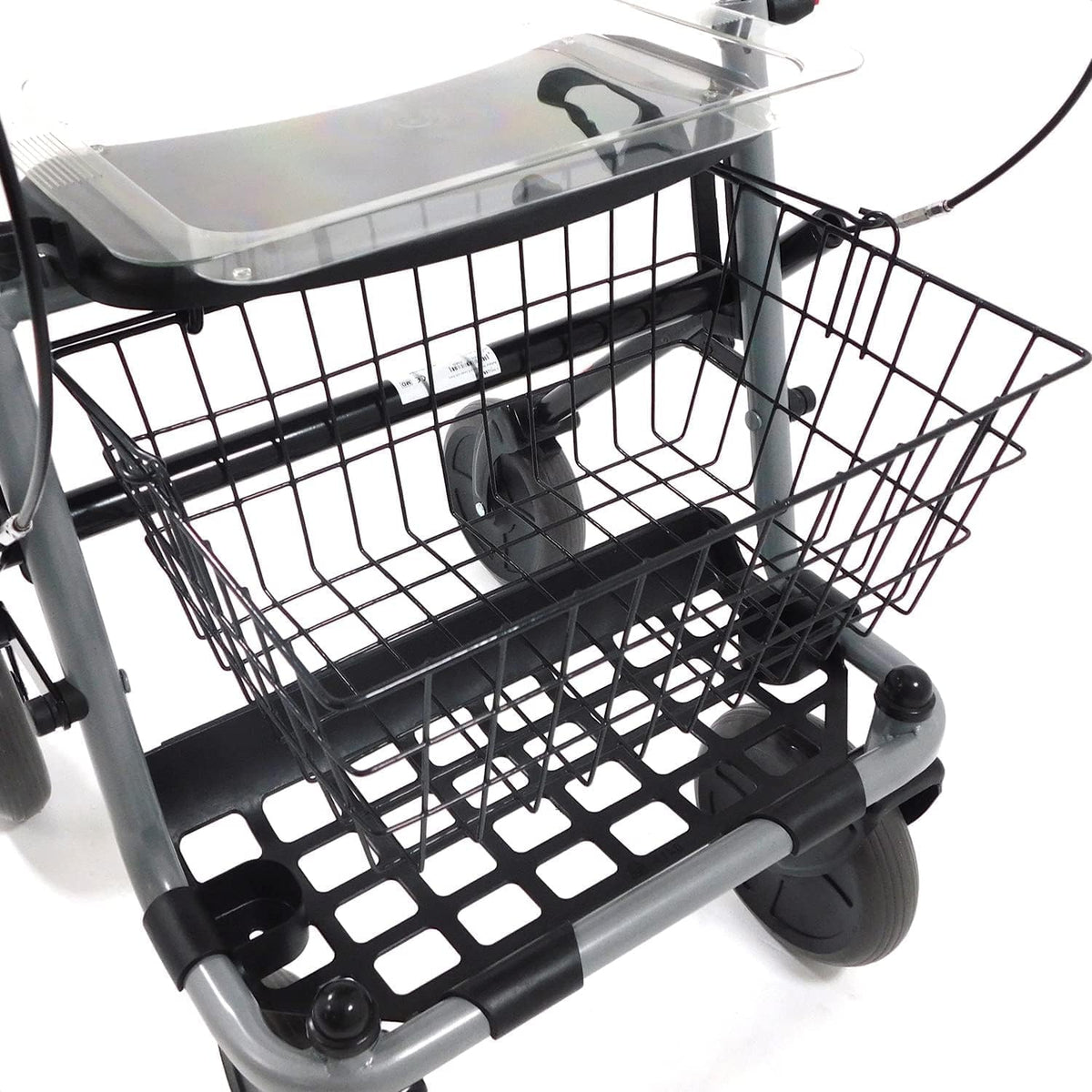 Foldable Ferrucci Comfort rollator walker with brakes, seat, baskets, tray, adjustable height, four wheels for indoor and outdoor use.