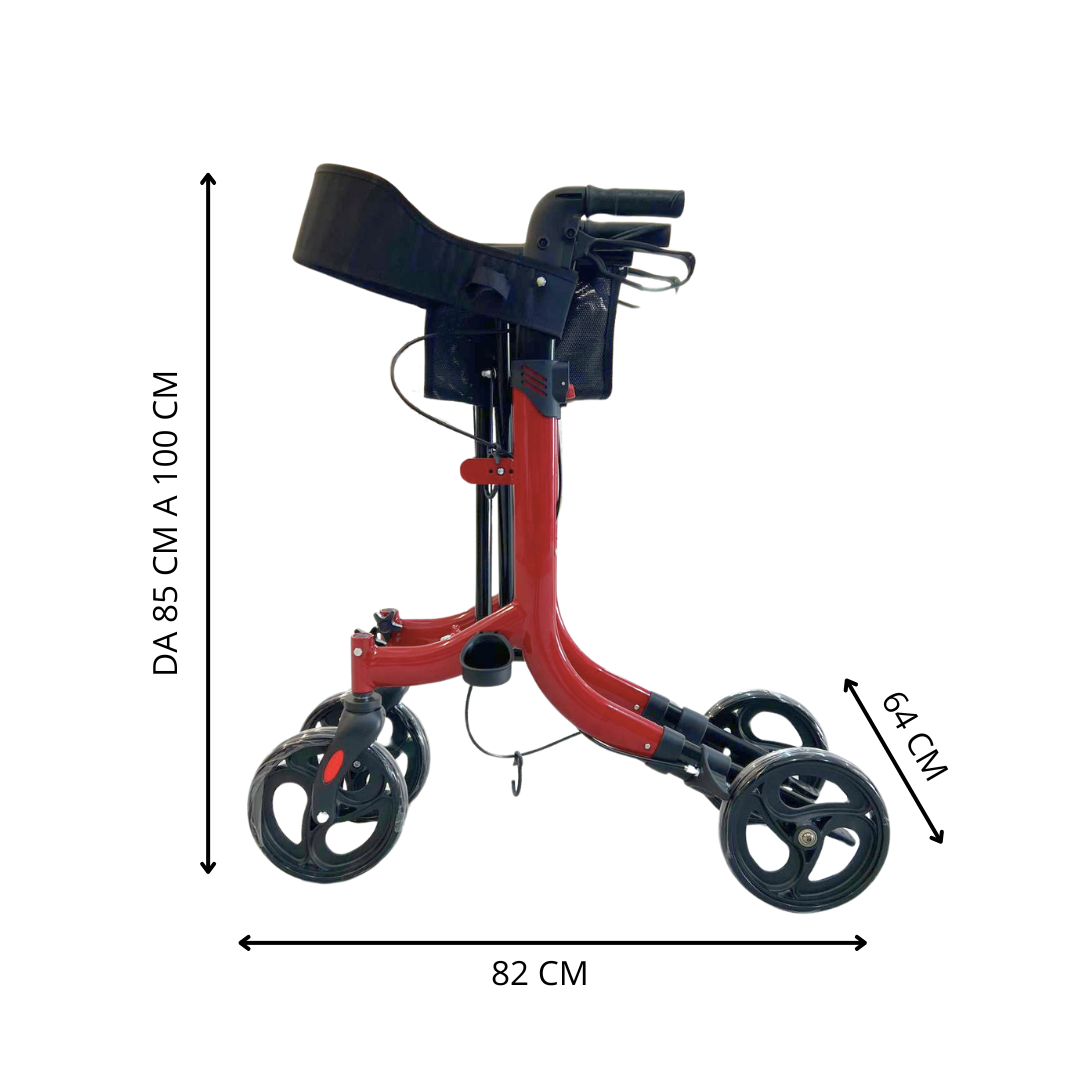 Foldable Ferrucci Comfort Rollator Walker with brakes, seat, storage basket, and four wheels, made of lightweight aluminum.