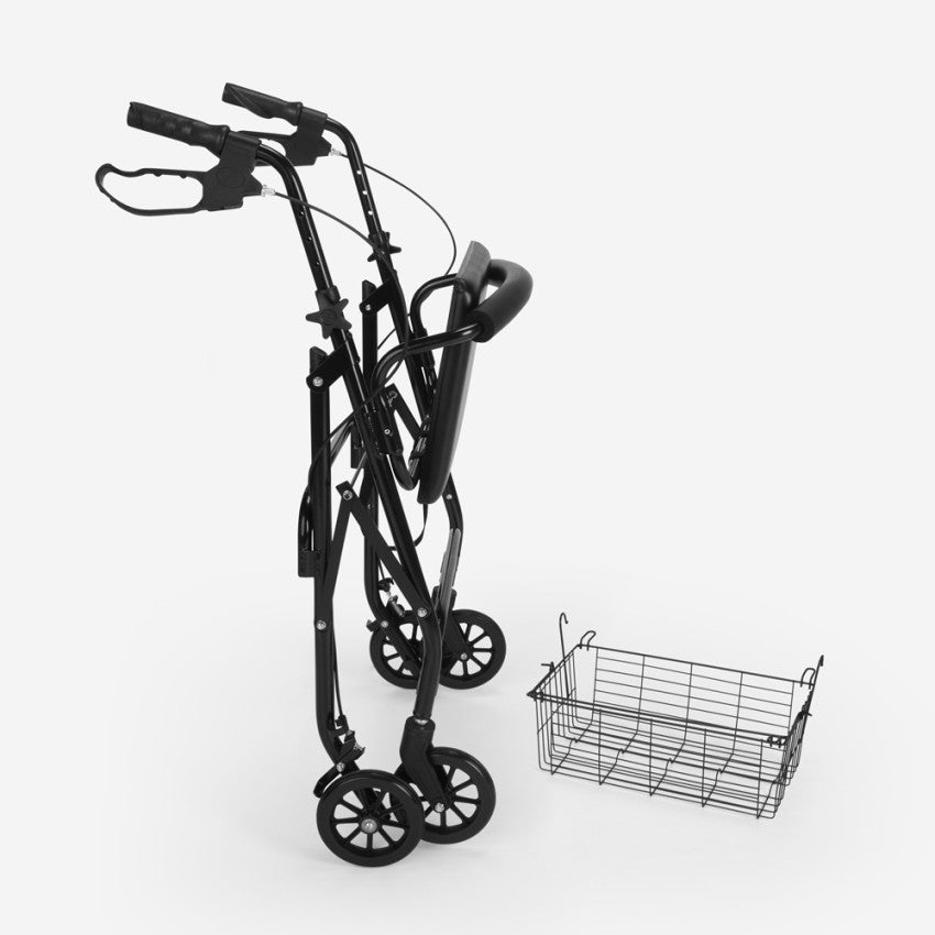Foldable aluminum alloy rollator with brakes, storage bag, and senior-friendly design by Ferrucci Comfort, supports up to 120 kg.