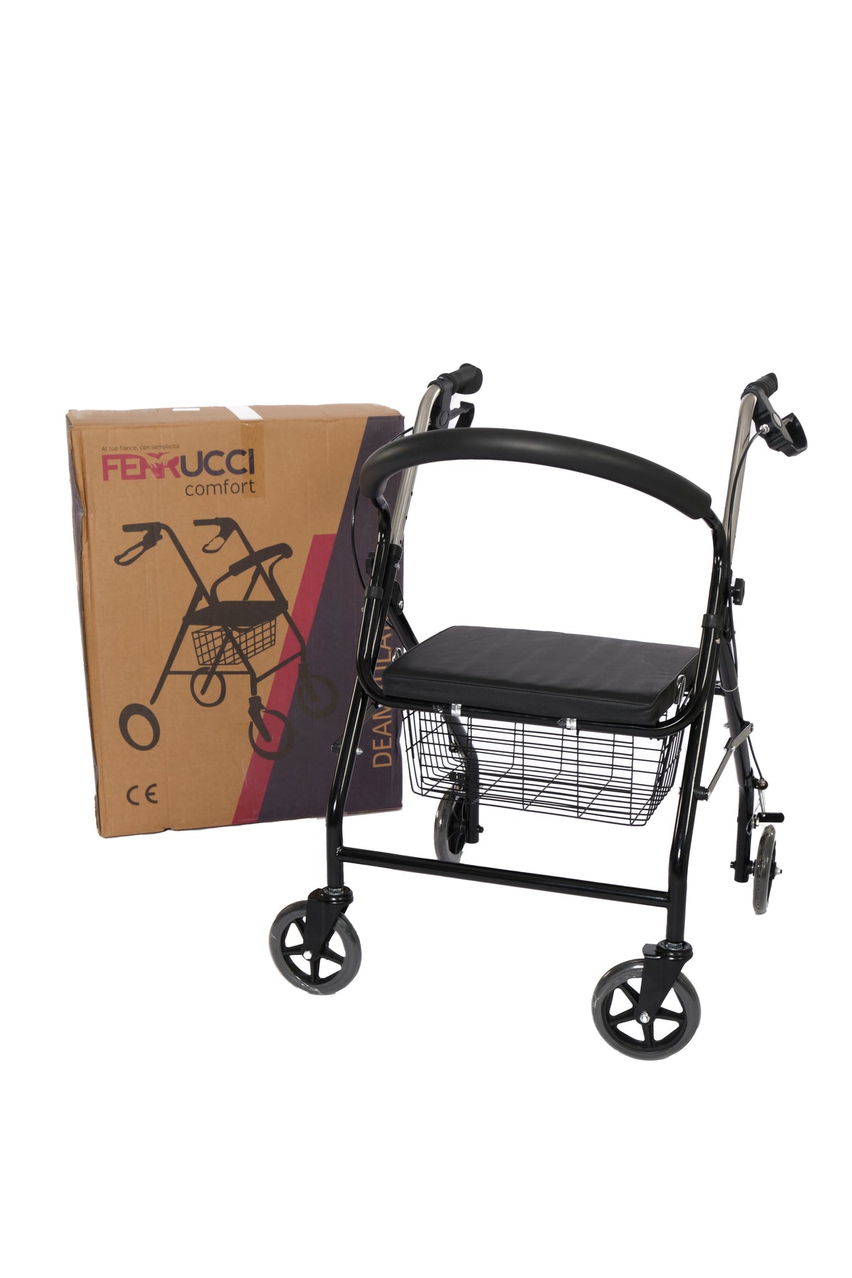 Foldable aluminum alloy rollator for seniors with brakes and storage bag, supporting up to 120 kg, by Ferrucci Comfort.