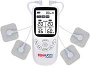 Ferrucci Comfort TENS muscle electrostimulator with 4 pads, showing device with digital display and adjustable settings for pain relief.