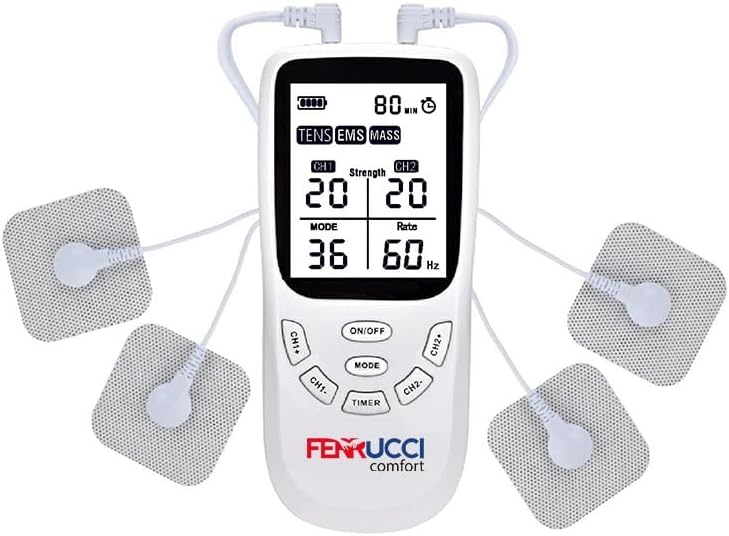 Ferrucci Comfort TENS muscle electrostimulator with 4 pads, showing device with digital display and adjustable settings for pain relief.