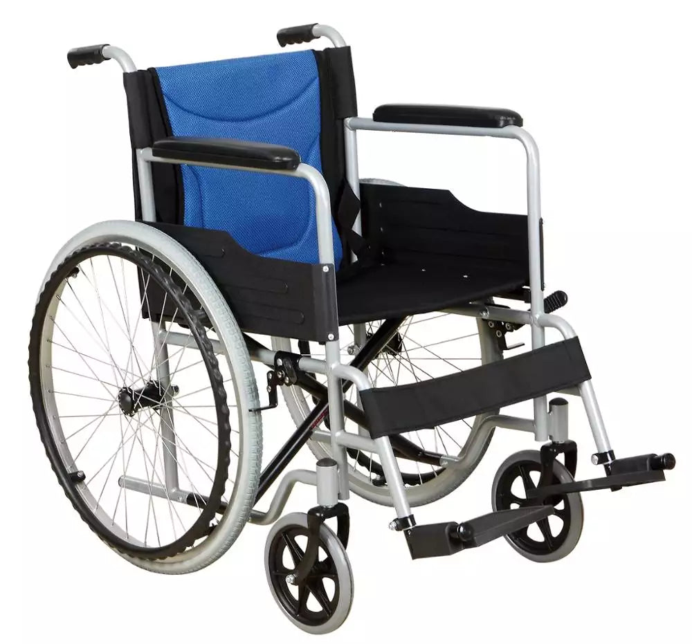 Lightweight Ferrucci Comfort wheelchair with steel frame, self-propelled design, folding feature, and 110 kg capacity.