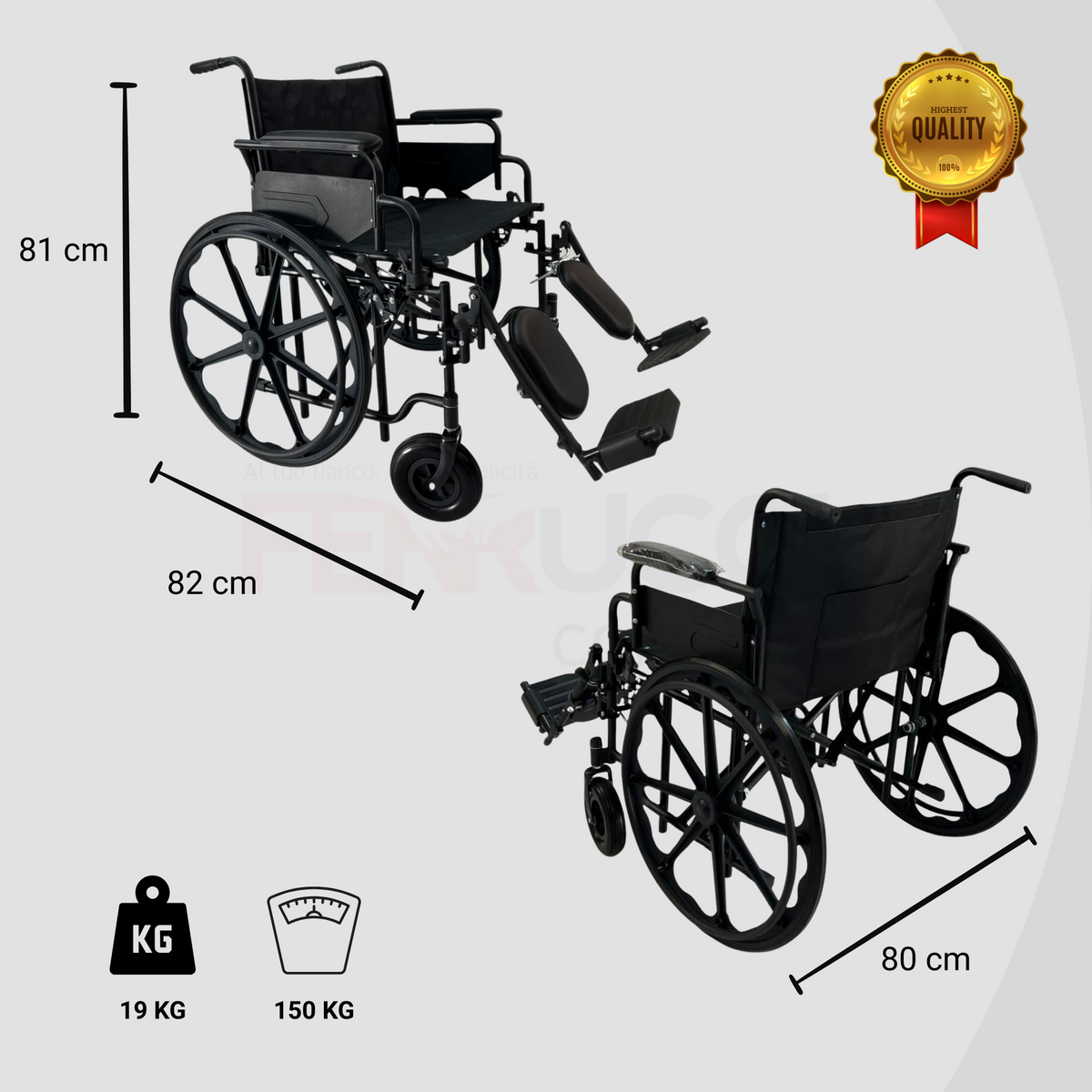 Ferrucci Comfort wide seat bariatric wheelchair with foldable design, removable armrests, ergonomic features, and 150kg capacity.