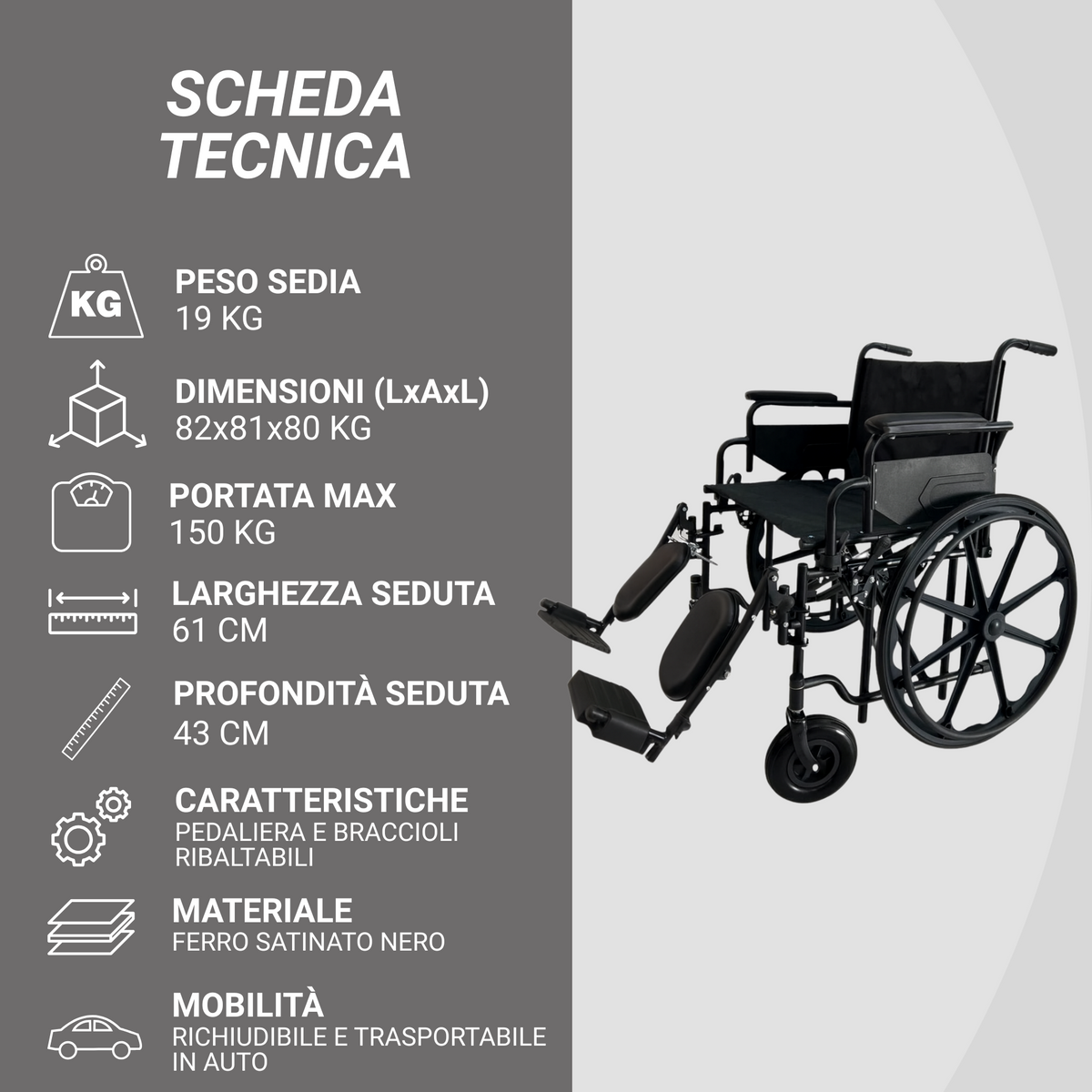 Ferrucci Comfort wide seat bariatric wheelchair with foldable frame, removable armrests, ergonomic design, supports up to 150kg.