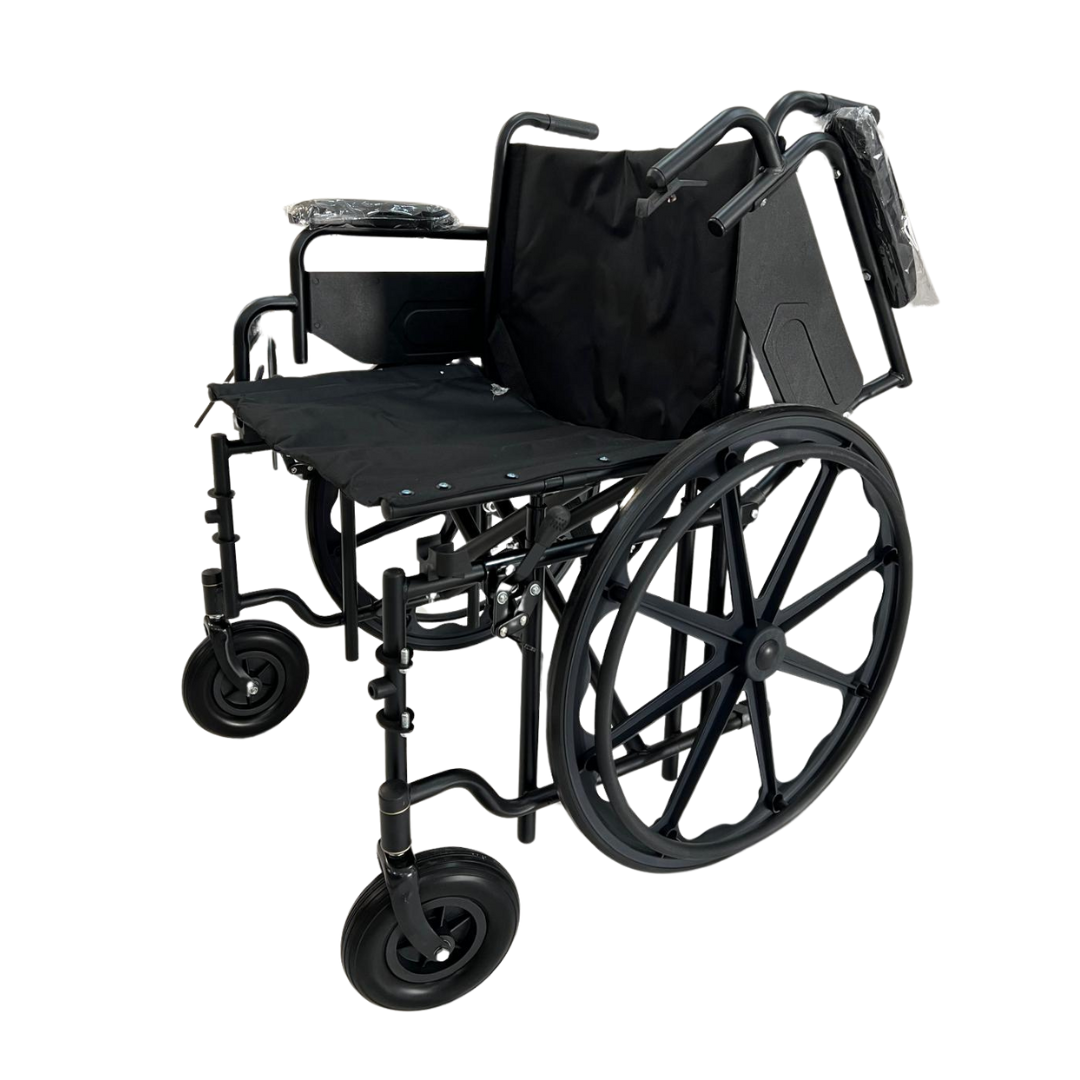Ferrucci Comfort wide seat wheelchair with foldable design, removable armrests, ergonomic features, and a 150kg capacity.