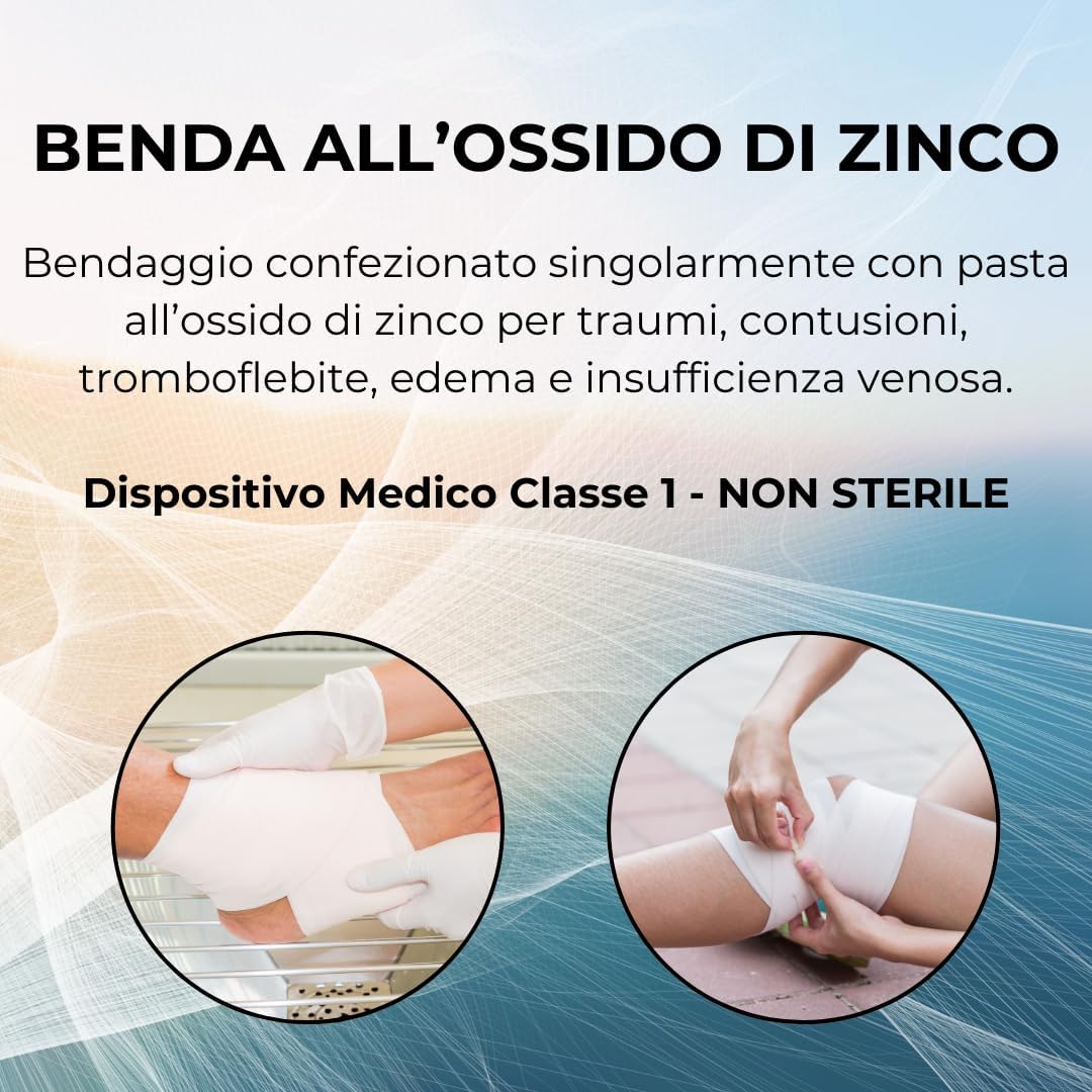 Ferrucci Comfort Zinc Oxide Elastic Bandage, 5m x 10cm, provides soothing support for edema, ulcers, sprains, and contusions.