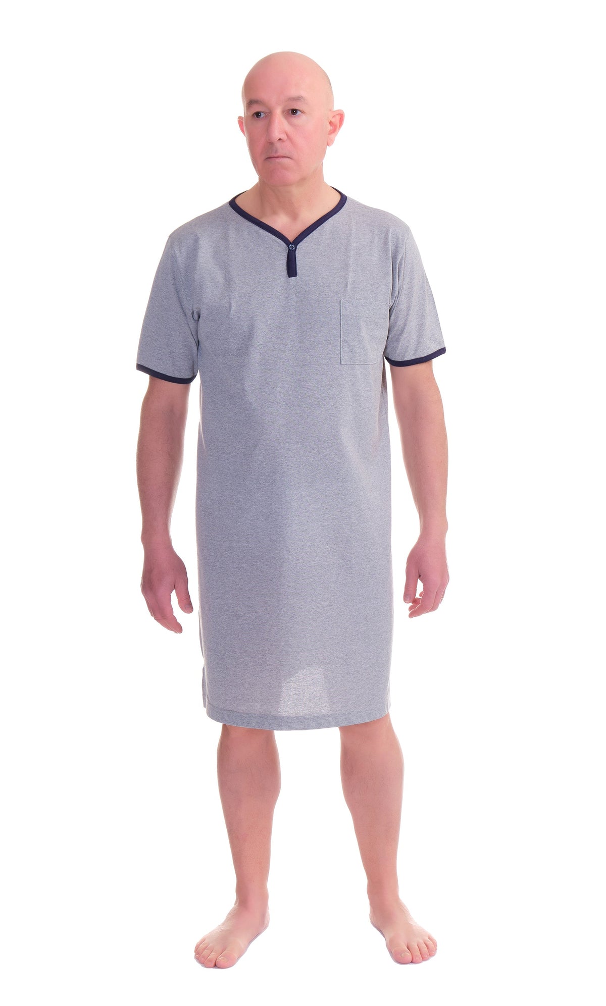 Front view of Ferrucci Comfort men's short sleeve V-neck nightshirt in soft fabric, featuring a relaxed fit and comfortable design.
