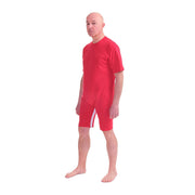 Blue cotton crew neck medical bodysuit by Ferrucci Comfort, designed for comfort and ease of wear.