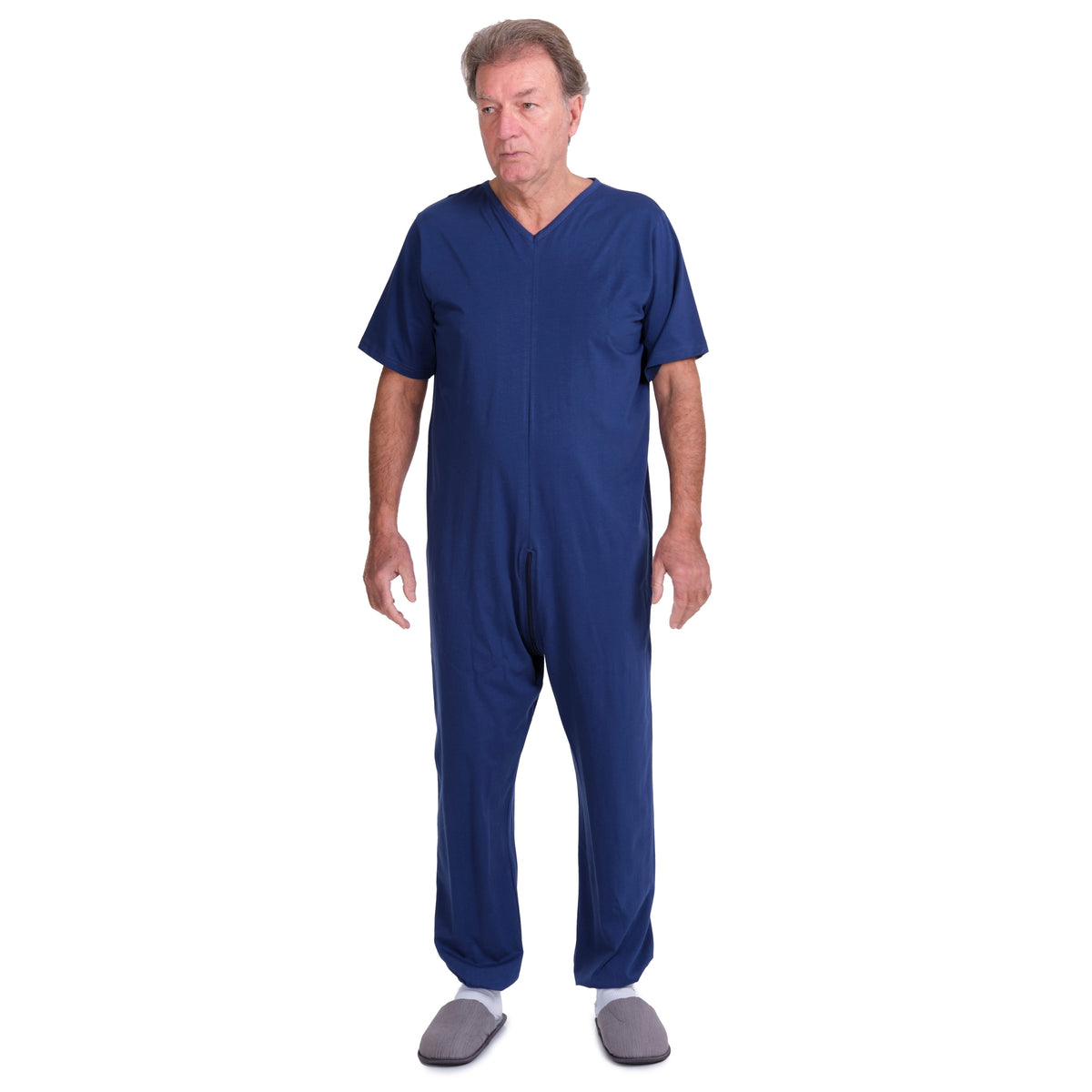 Ferrucci Comfort short-sleeved medical pyjamas with long trousers in blue, suitable for healthcare or home wear.