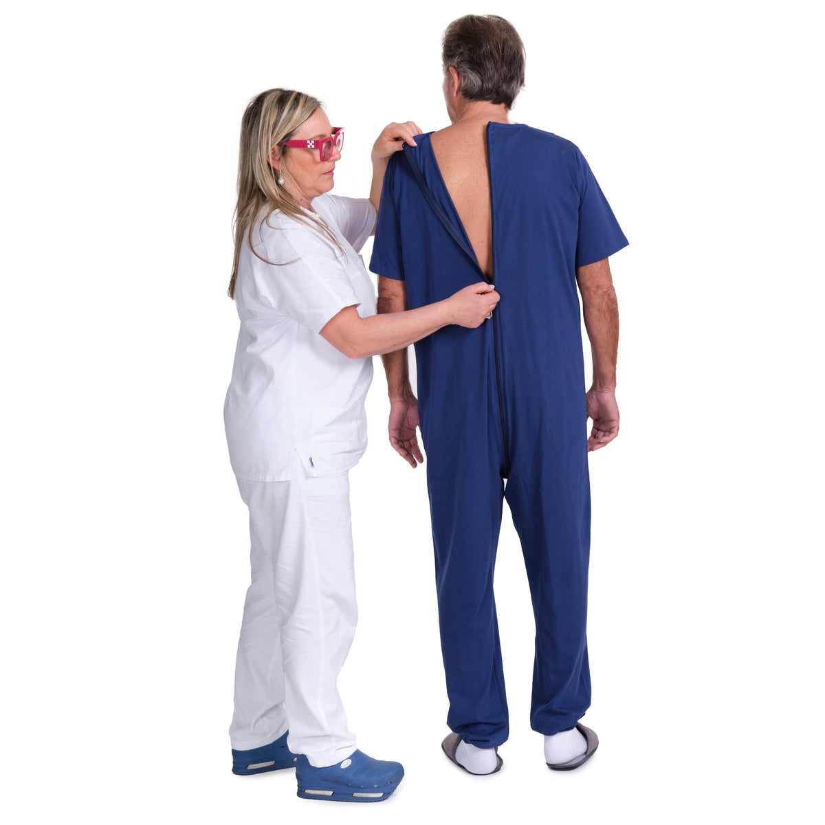 Ferrucci Comfort short-sleeved medical pyjamas with long trousers in blue, designed for comfort and healthcare wear.