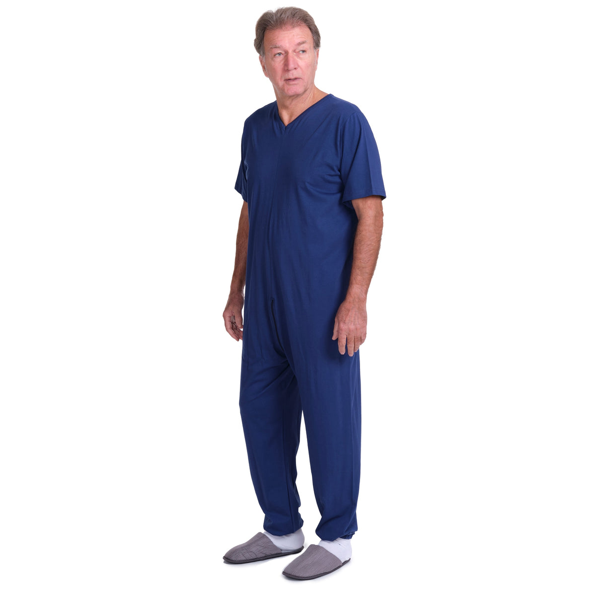 Blue short-sleeved medical pyjamas and long trousers by Ferrucci Comfort, comfortable healthcare sleepwear set.