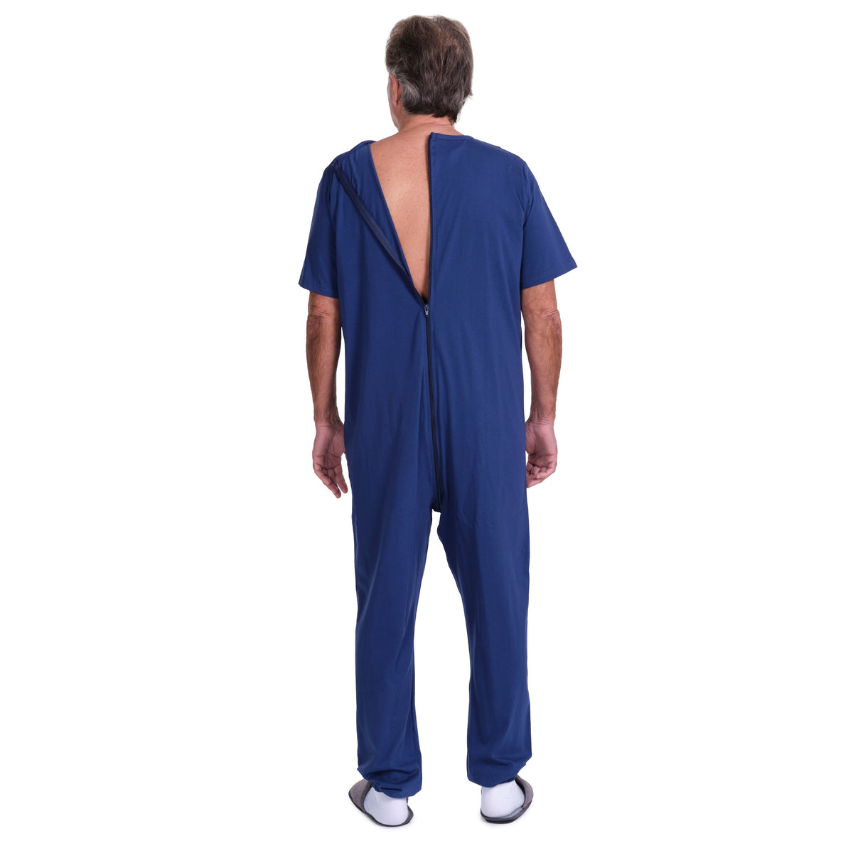 Blue short-sleeved medical pyjamas and long trousers by Ferrucci Comfort, comfortable healthcare sleepwear set.
