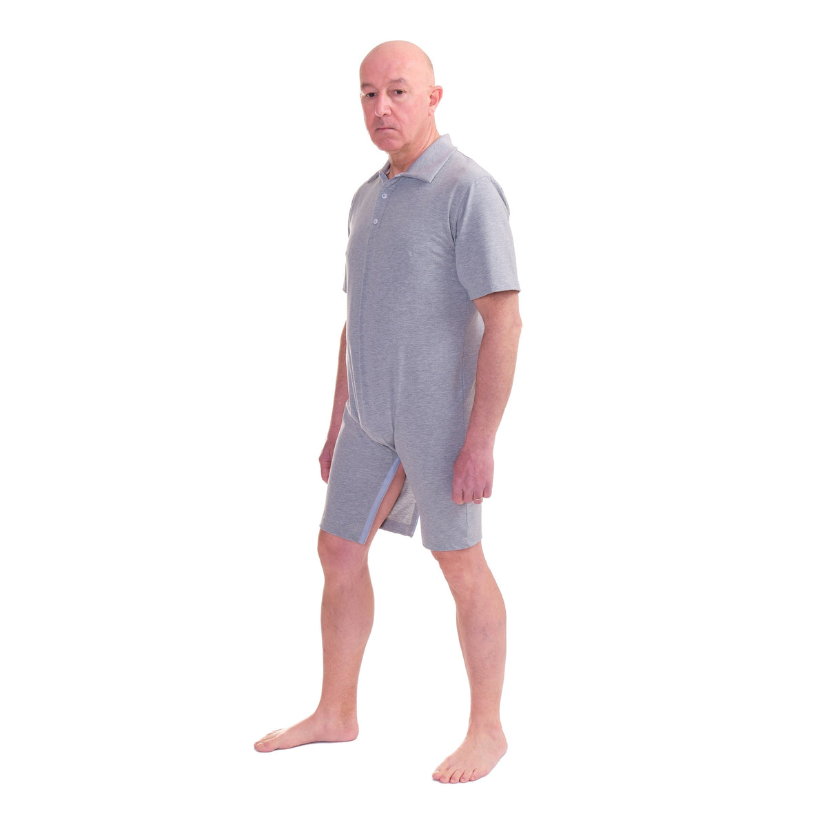Ferrucci Comfort blue polo-style underwear with back closure for elderly, provides easy wear and comfortable fit.