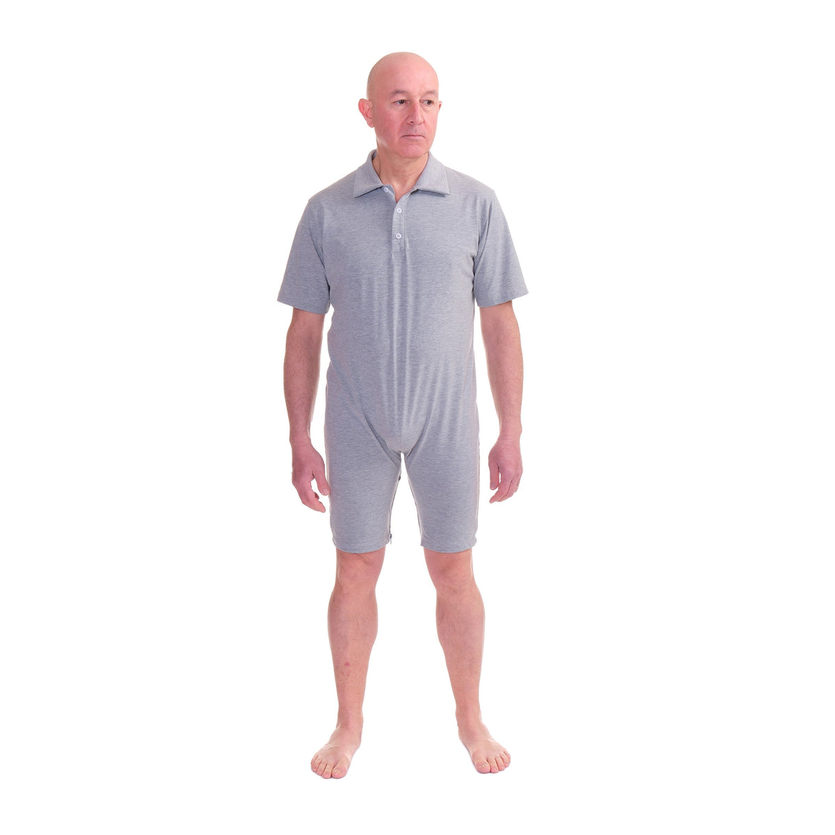 Blue polo-style underwear for elderly with back closure, from Ferrucci Comfort, designed for easy wear and comfort.