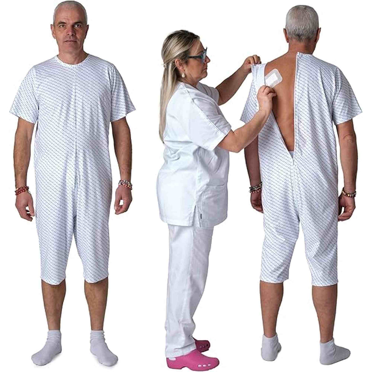 Ferrucci Comfort adaptive back-zip short sleeve cotton jumpsuit, elderly care pyjama for incontinence and dementia, front view.
