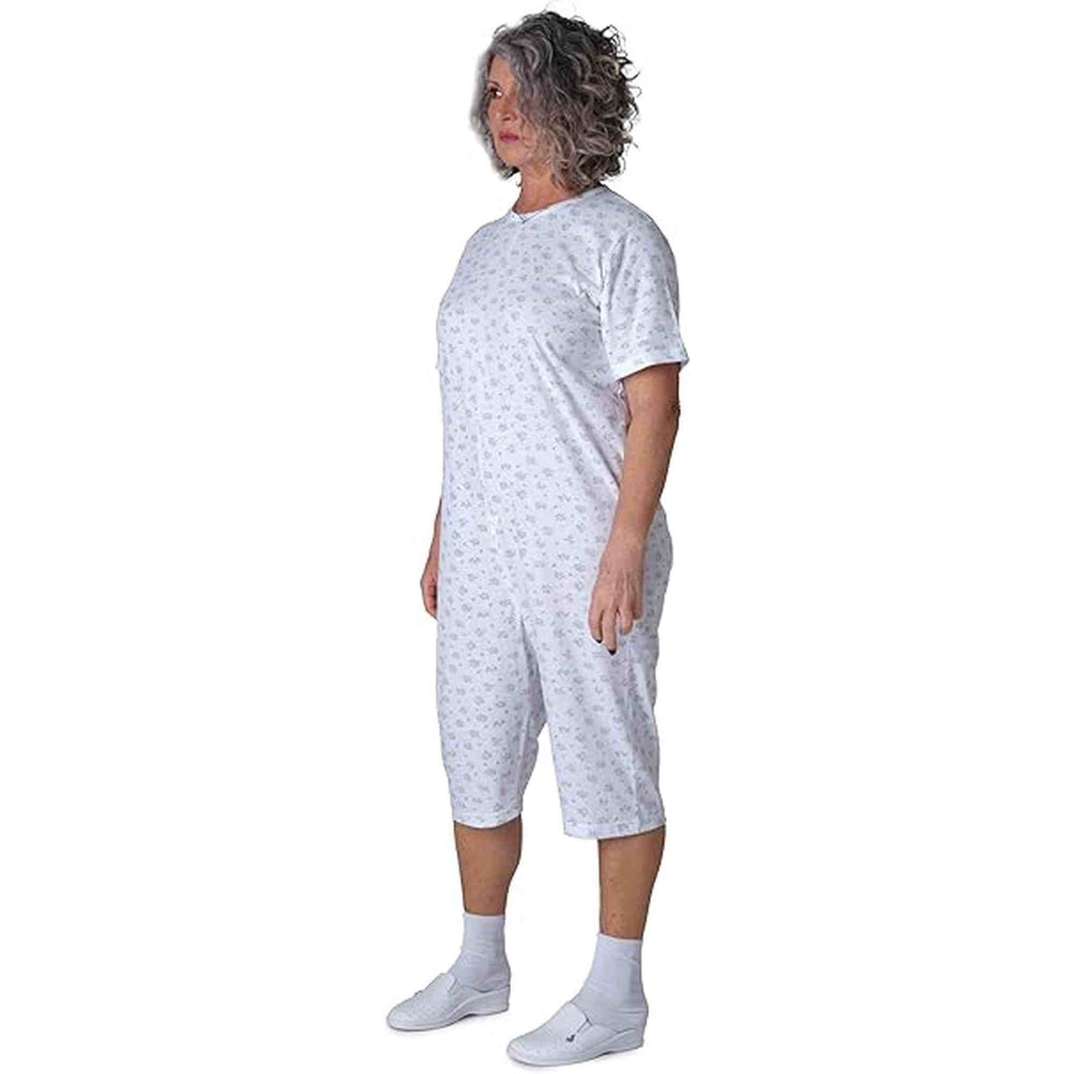 Ferrucci Comfort adaptive back-zip short sleeve cotton jumpsuit for elderly care, incontinence, and dementia patients.