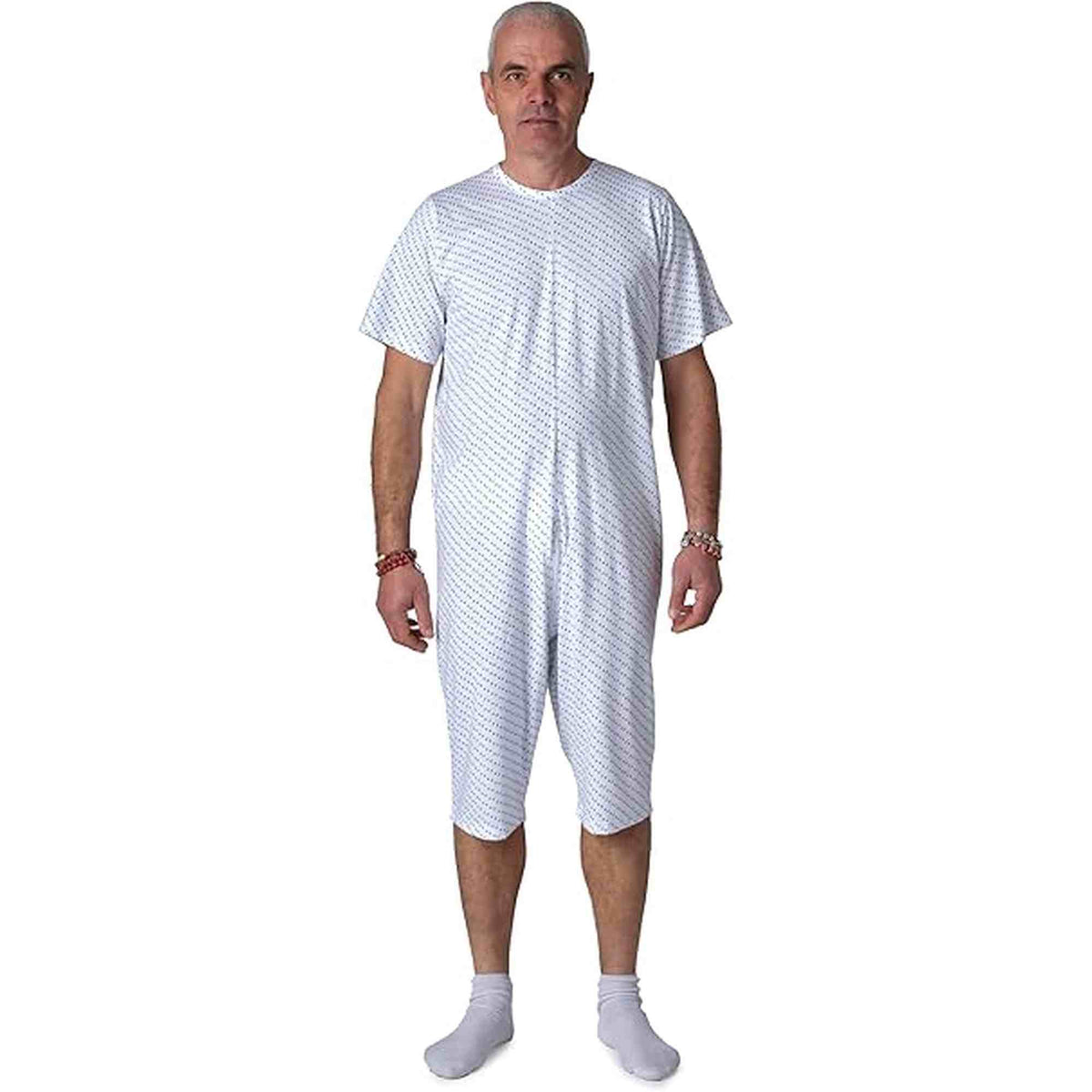 Ferrucci Comfort adaptive back-zip short sleeve cotton jumpsuit for elderly incontinence and dementia care, designed for easy wear.