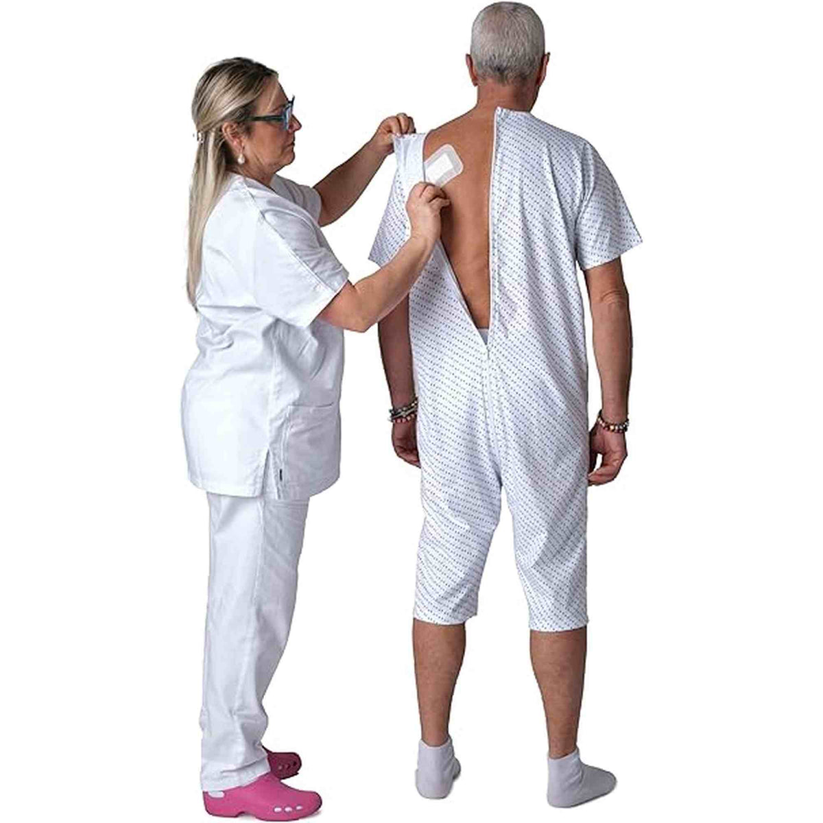 Ferrucci Comfort adaptive back-zip short sleeve cotton jumpsuit for elderly care, designed for incontinence and dementia patients.