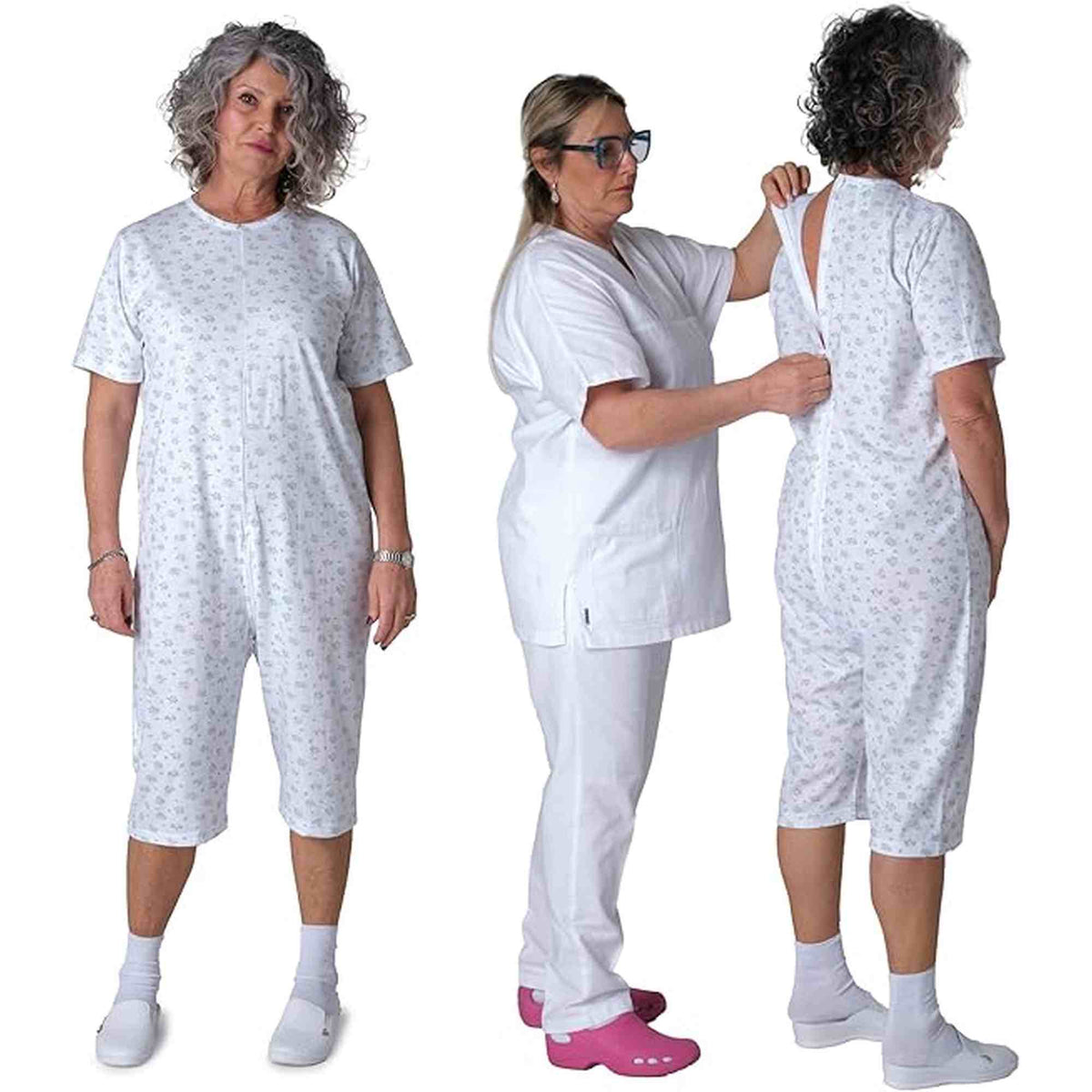 Ferrucci Comfort adaptive back-zip short sleeve jumpsuit for elderly care, made of 100% cotton, ideal for incontinence and dementia.
