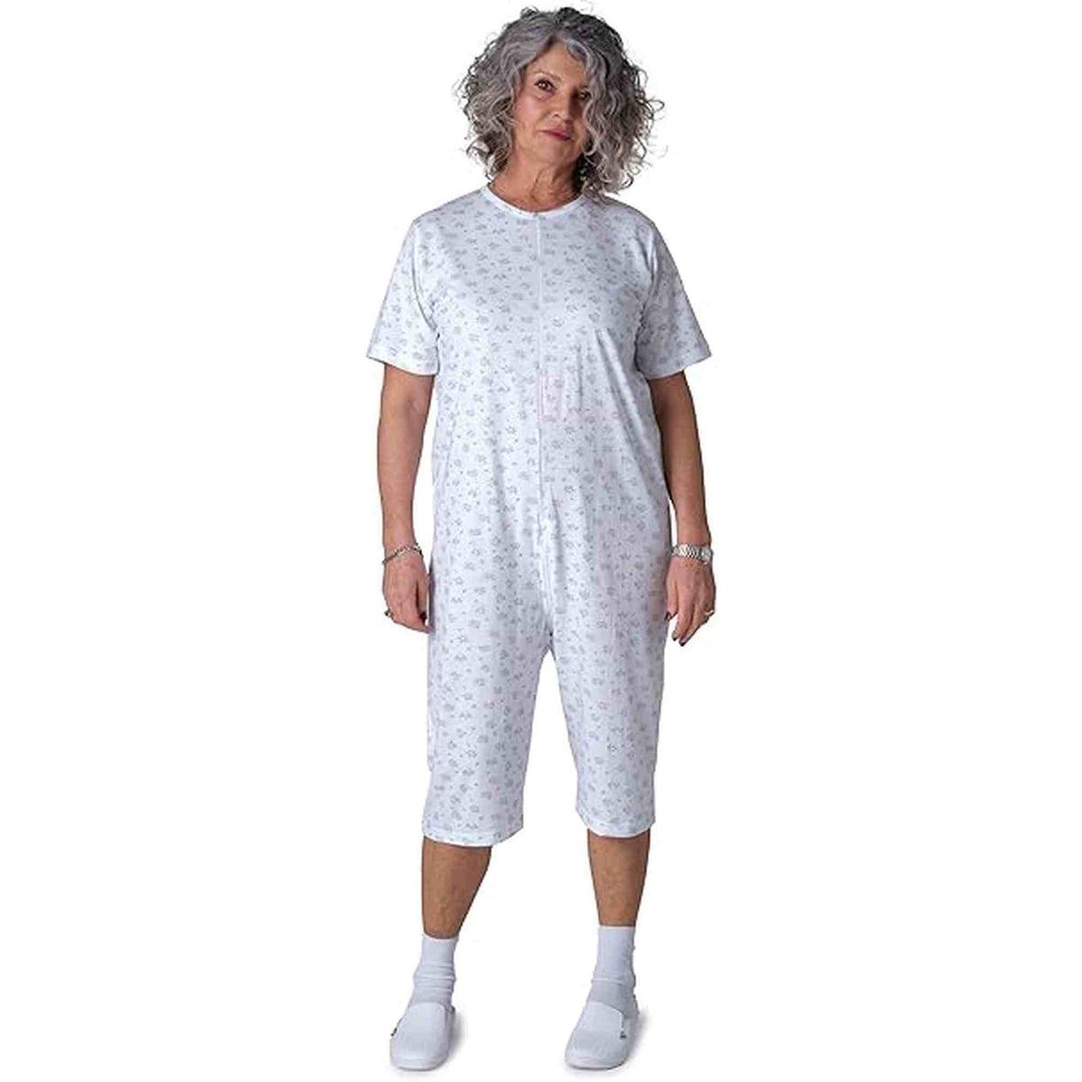 Ferrucci Comfort adaptive short sleeve jumpsuit with back zipper, 100% cotton elderly care pyjama for incontinence and dementia.