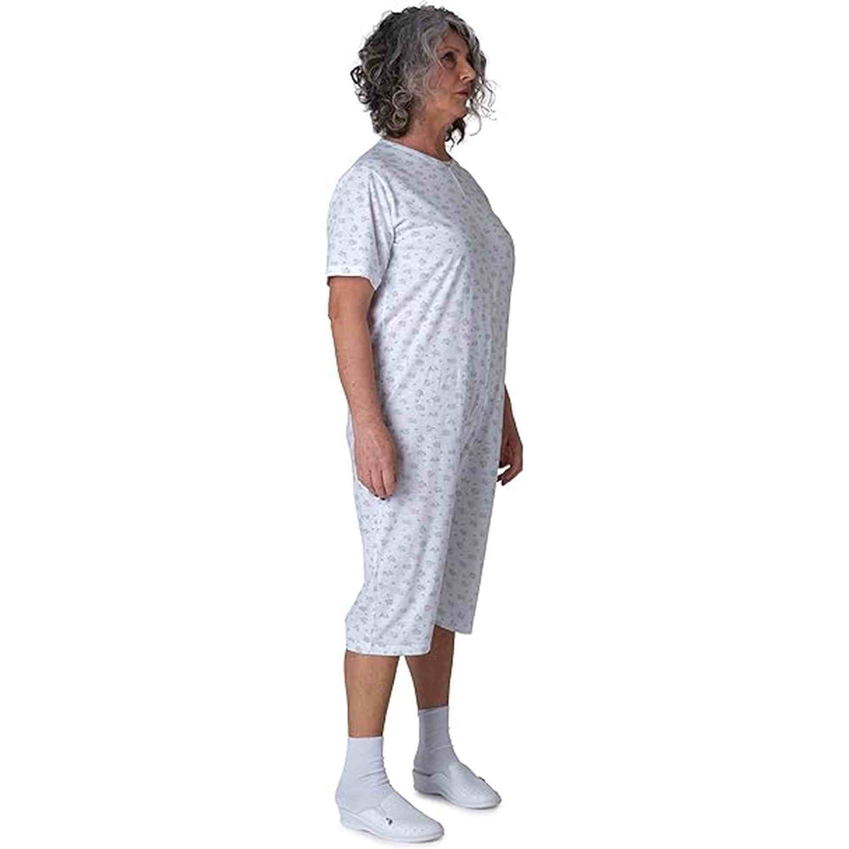 Ferrucci Comfort adaptive back-zip short sleeve cotton jumpsuit for elderly care, incontinence, and dementia patients.