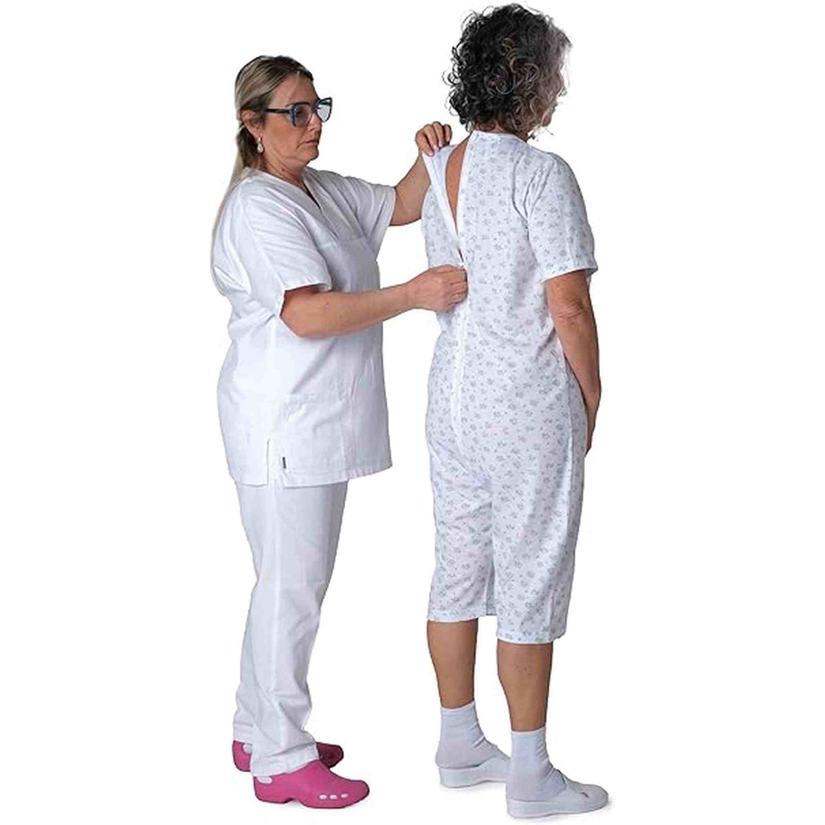 Ferrucci Comfort adaptive short sleeve cotton jumpsuit for elderly care, featuring back zipper for incontinence and dementia support.