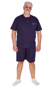 Men’s plus size short sleeve and shorts pajamas by Ferrucci Comfort in midnight blue, made of 100% cotton jersey for big and tall sizes.