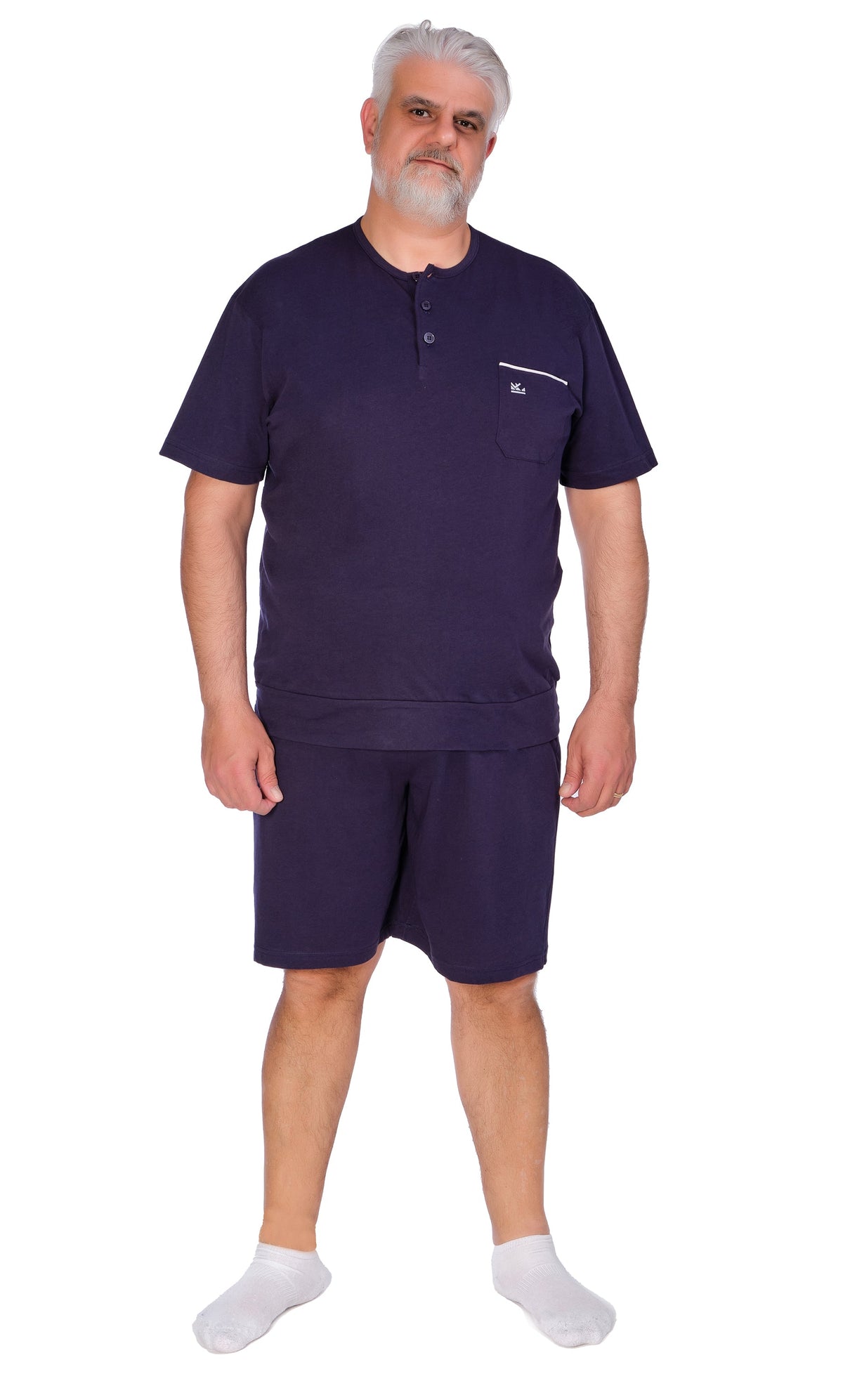Men’s plus size short sleeve and shorts pajamas by Ferrucci Comfort in midnight blue, made of 100% cotton jersey for big and tall sizes.