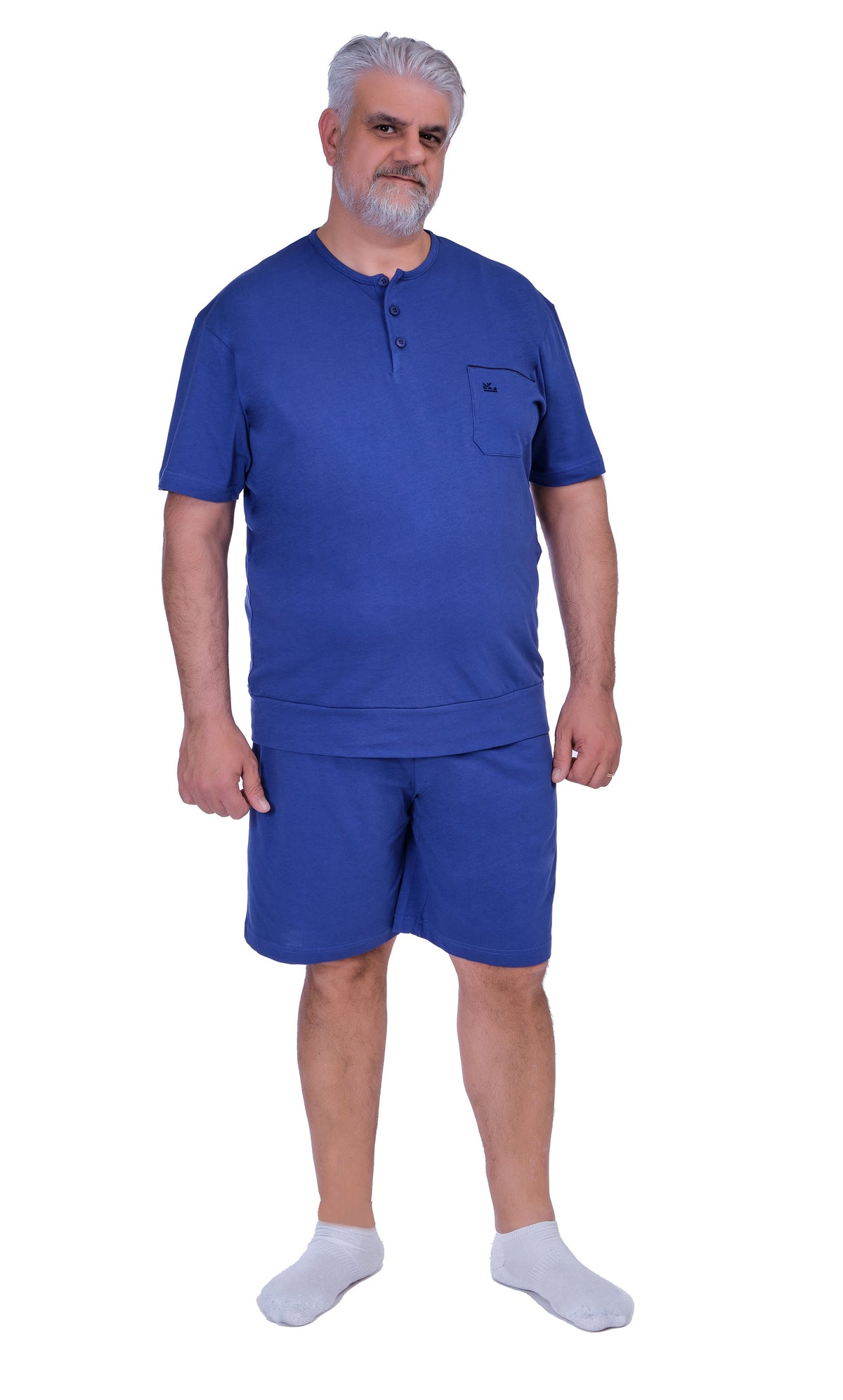 Men’s plus size short sleeve and shorts pyjamas by Ferrucci Comfort in midnight blue, made of 100% cotton jersey, big and tall sizes