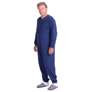 Blue unisex Ferrucci Comfort winter fleece medical jumpsuit with back zipper, designed for elderly incontinence and adaptive pajamas.