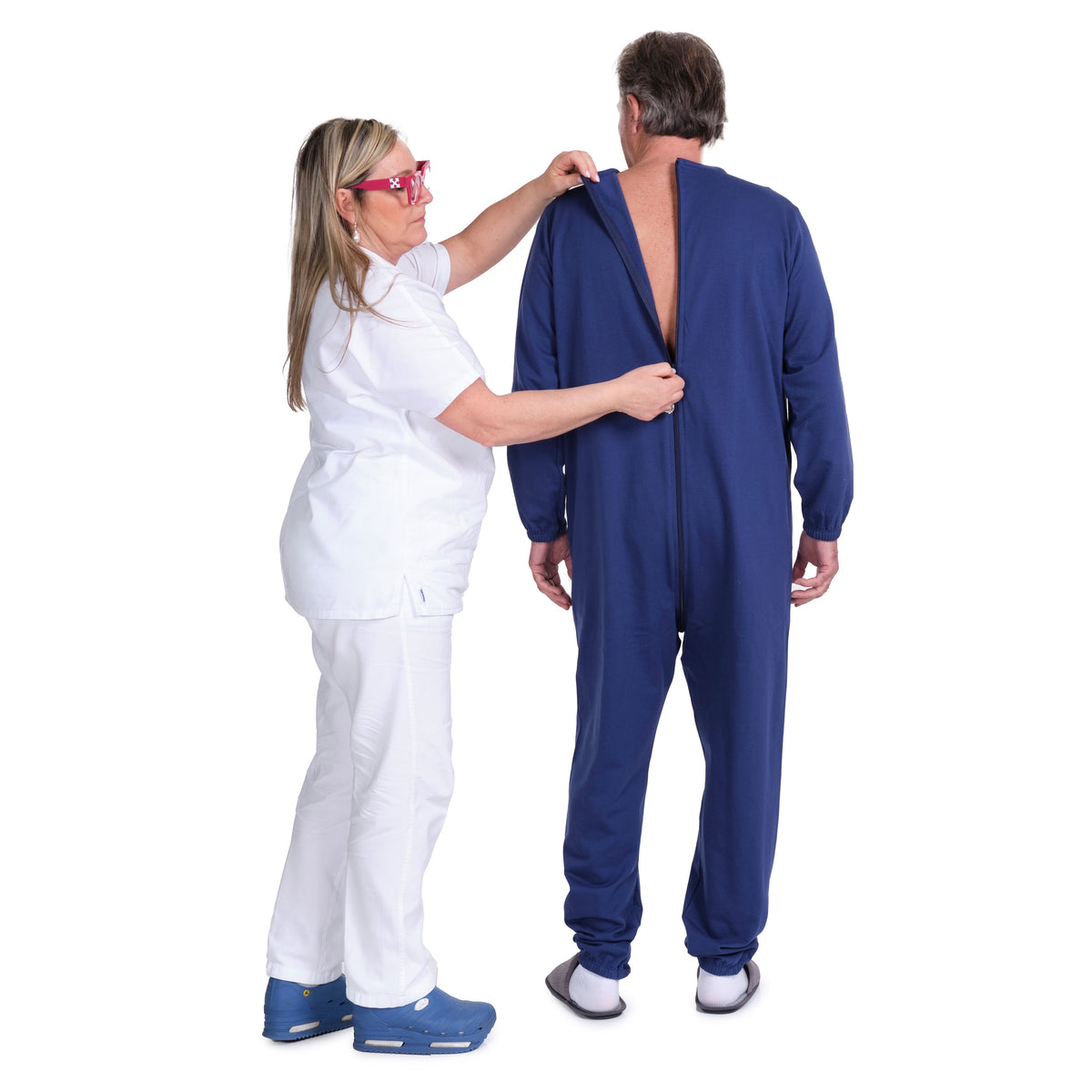 Blue Ferrucci Comfort winter fleece medical jumpsuit with back zipper, unisex adaptive pajamas for elderly and incontinence.