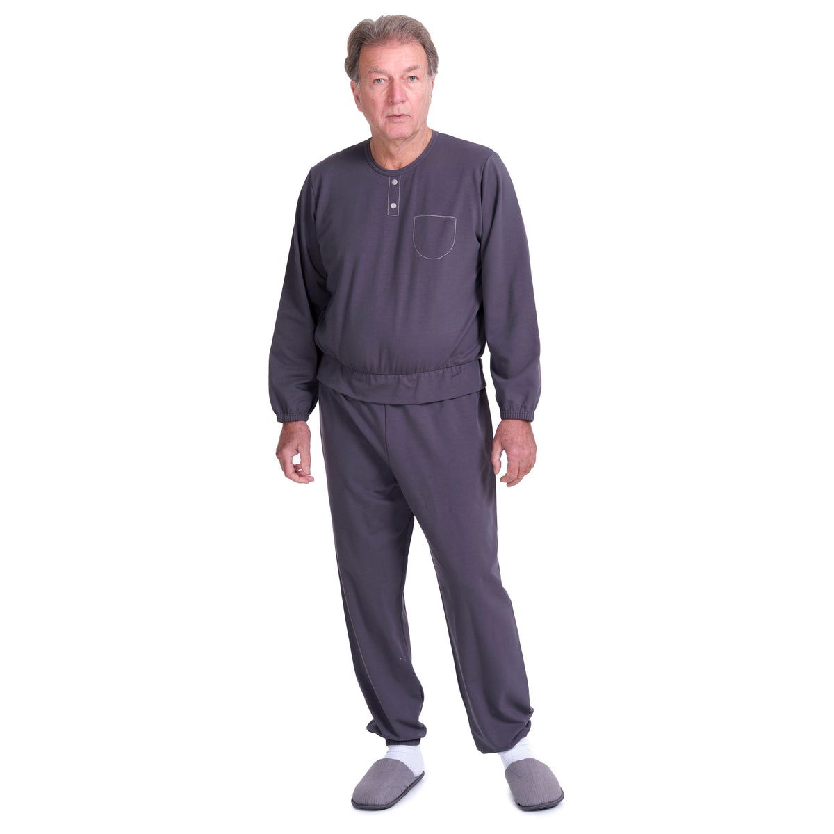 Gray one-piece senior pajamas with back closure by Ferrucci Comfort, featuring comfortable design for easy wear.