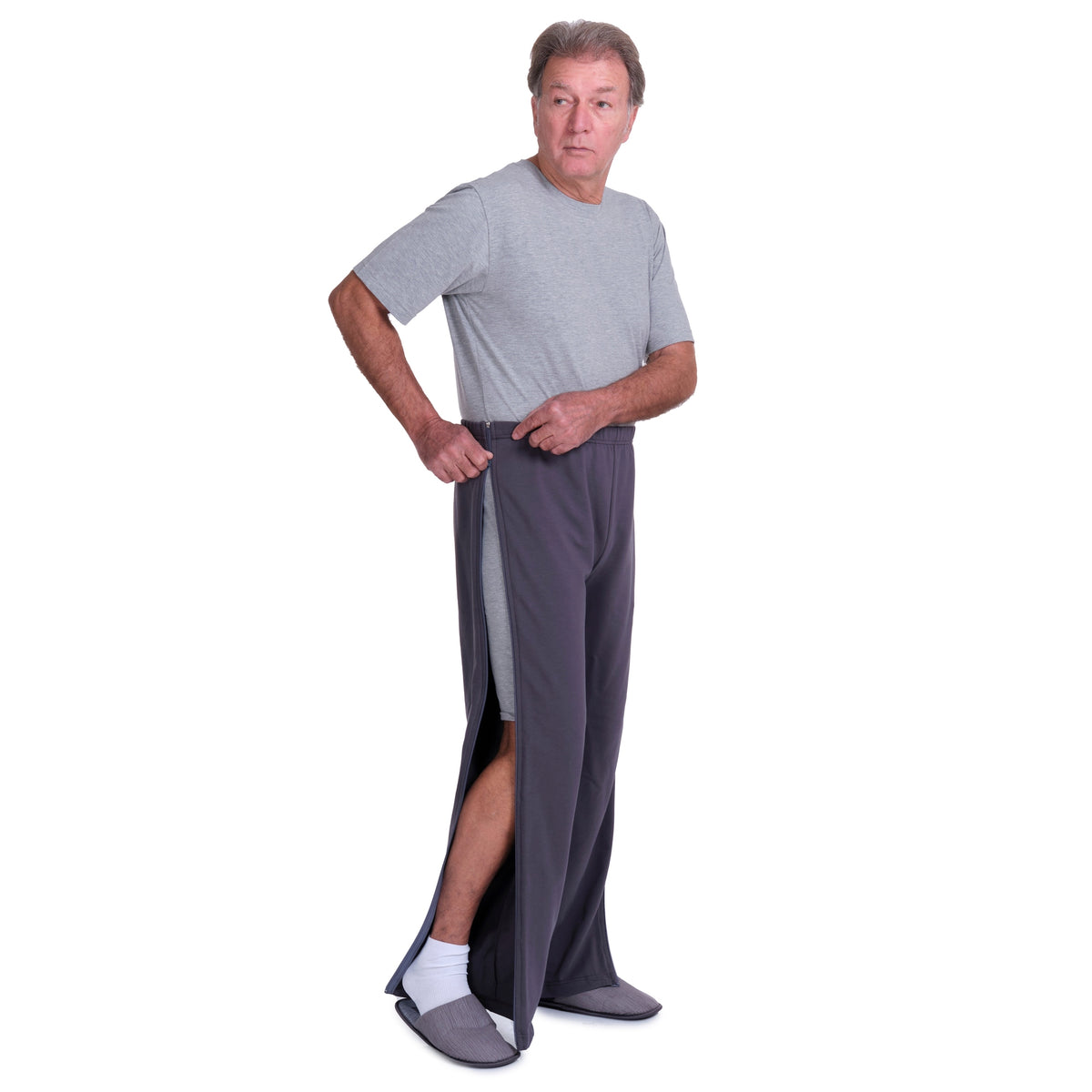 Gray post-operative rehabilitation trousers with side zips by Ferrucci Comfort, designed for easy wear and medical recovery.