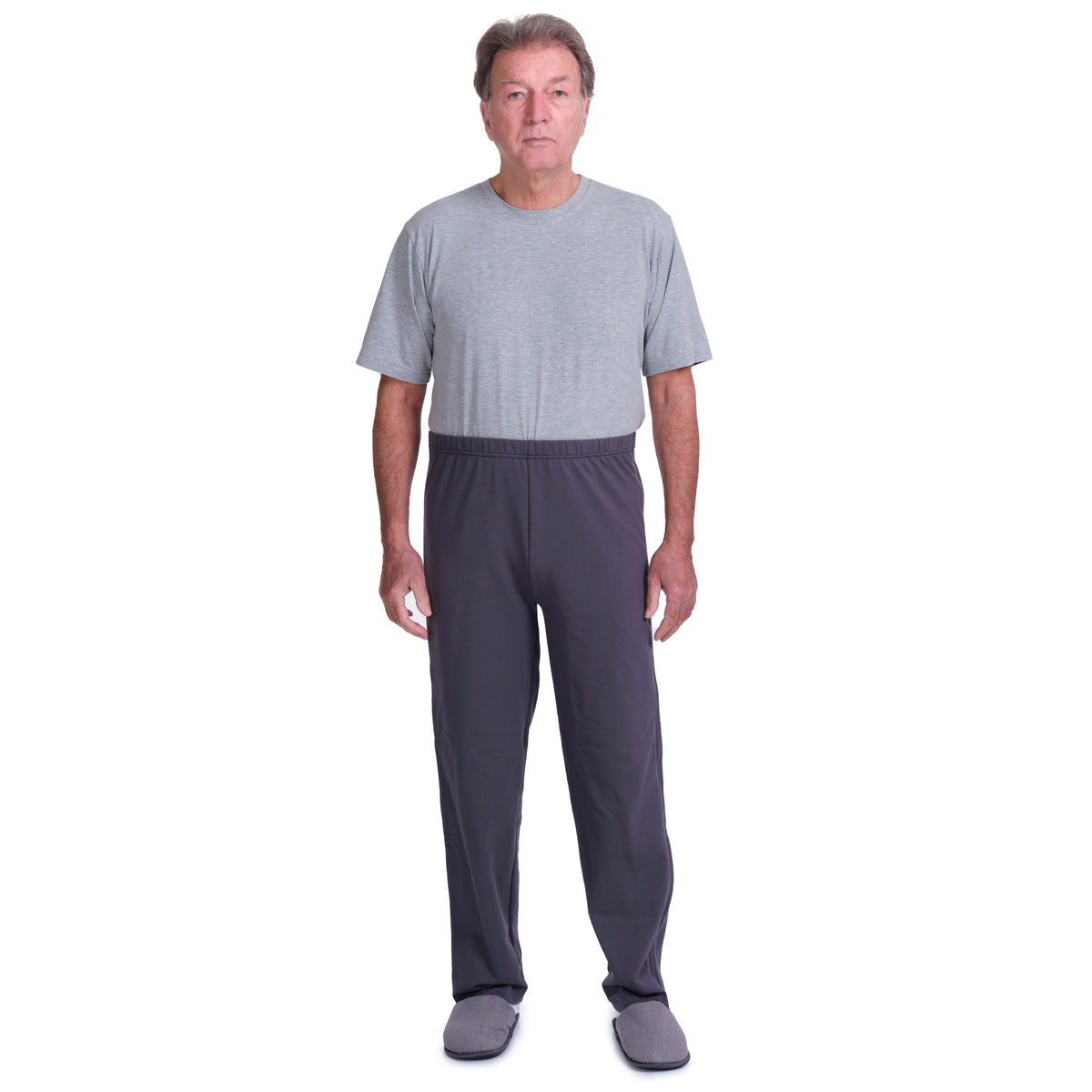 Gray post-operative rehabilitation trousers with side zips by Ferrucci Comfort, designed for easy wear and recovery.