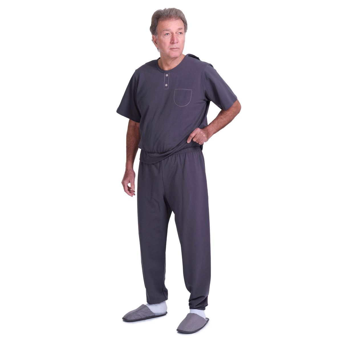 Short-sleeved Ferrucci Comfort Bacio adaptive pajamas onesie for adults, soft fabric and relaxed fit, ideal for comfortable sleepwear