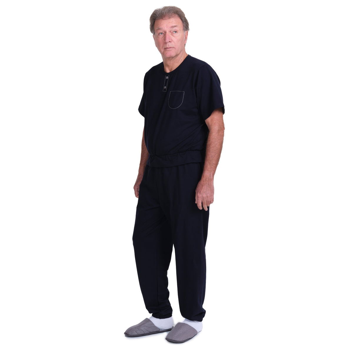 Short-sleeved Ferrucci Comfort Bacio pyjamas onesie for adaptive clothing, shown in soft fabric with a comfortable fit.