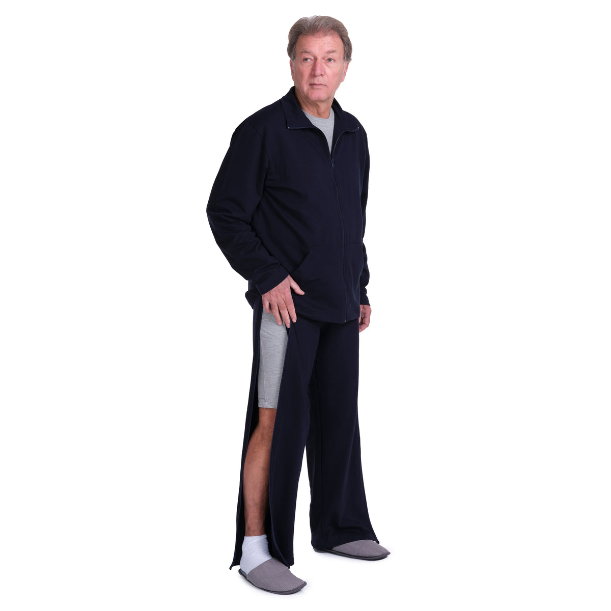 Gray Ferrucci Comfort Melodia tracksuit for rehabilitation exercises with side opening, designed for comfort and mobility.