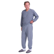 Gray striped Ferrucci Comfort one-piece pajamas with rear zip fastening, soft and cozy sleepwear for adults.