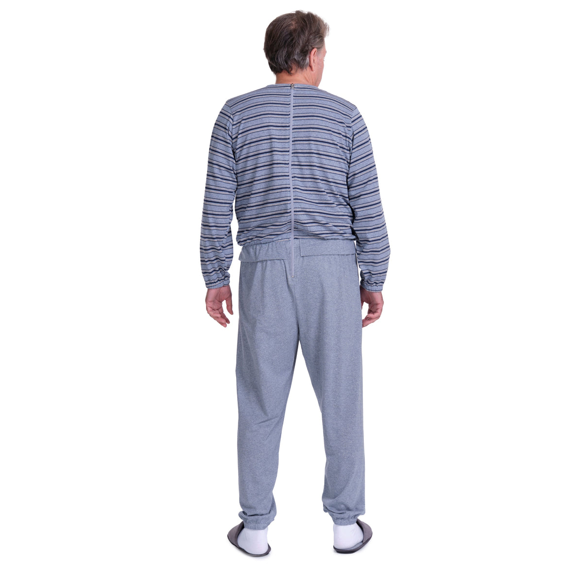 Grey striped Ferrucci Comfort one-piece pyjamas with rear zip fastening, cozy sleepwear for comfortable nights.