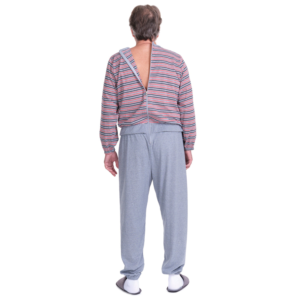 Grey striped Ferrucci Comfort one-piece pyjamas with rear zip fastening, soft and comfortable sleepwear for women.