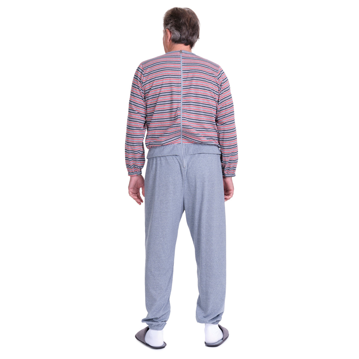 Gray striped Ferrucci Comfort one-piece pajamas with rear zip fastening, soft and cozy sleepwear for adults.