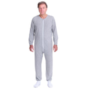 Light blue Ferrucci Comfort Adaptive Hospital Pyjamas Model 9016 with full front zipper for bedridden patients, incontinence, and post-surgery care.