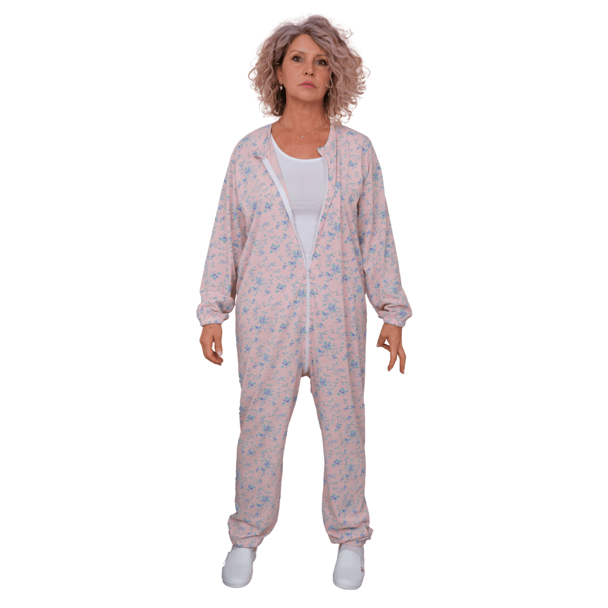 Light blue Ferrucci Comfort adaptive hospital pyjamas with full front zipper for bedridden patients, incontinence, and post-surgery care.