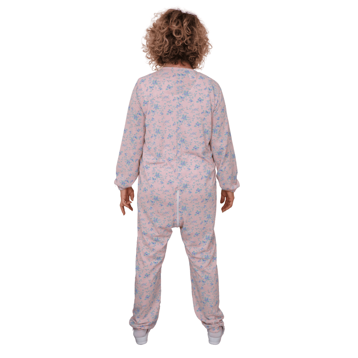 Light blue Ferrucci Comfort adaptive hospital pyjamas with full front zipper for bedridden patients, incontinence, and post-surgery care.